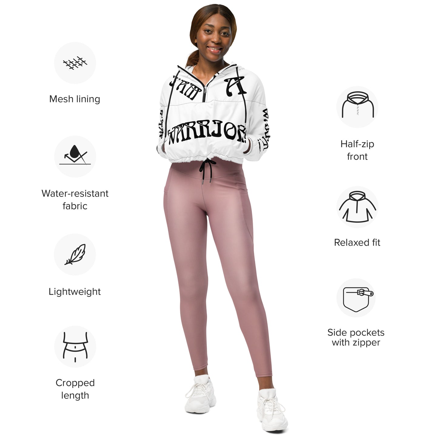 “I’AM A WARRIOR!” White Women’s Cropped Windbreaker W/Black Font