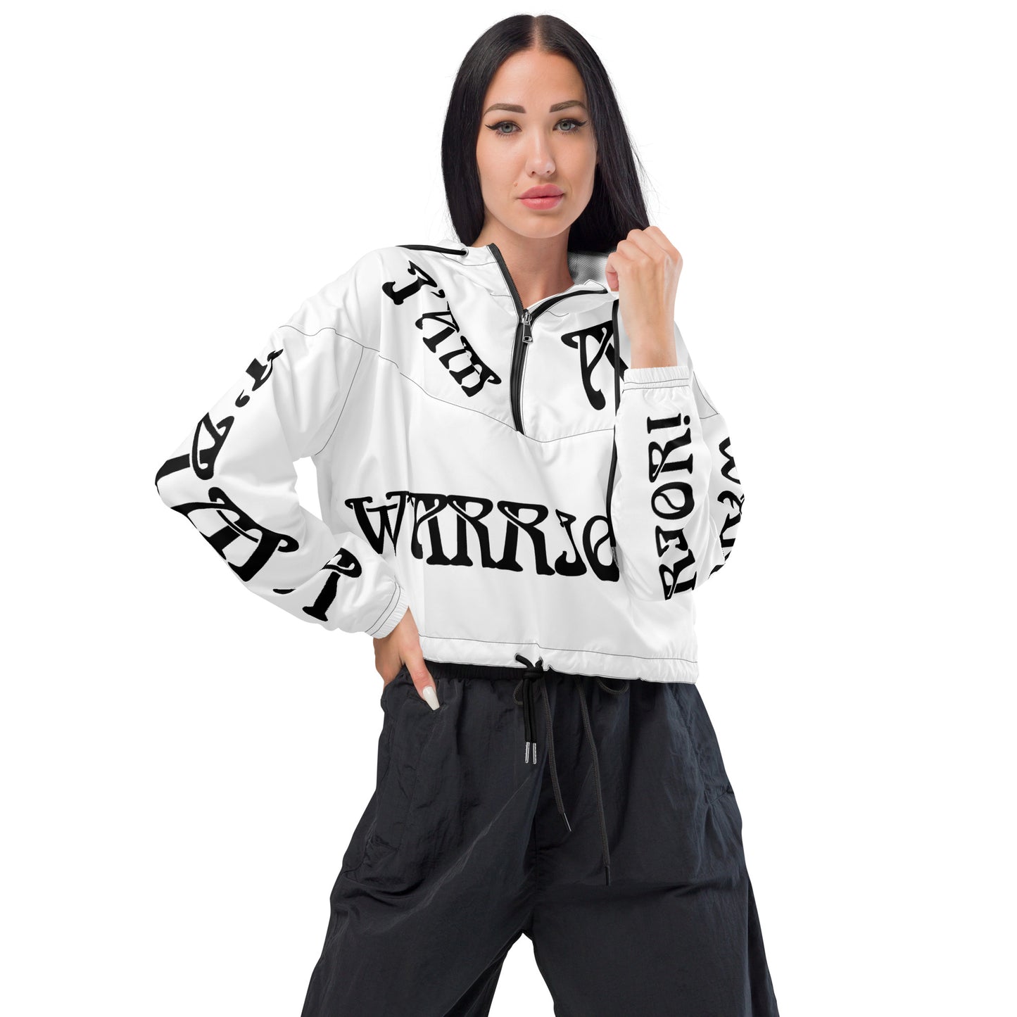 “I’AM A WARRIOR!” White Women’s Cropped Windbreaker W/Black Font