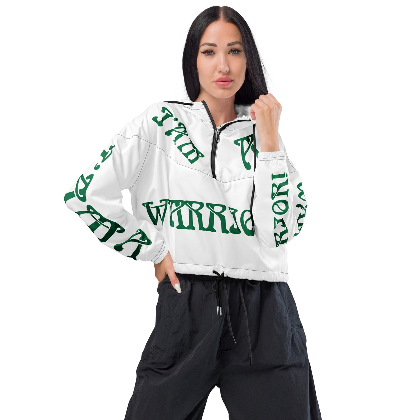 “I’AM A WARRIOR!” White Women’s Cropped Windbreaker W/Green Font