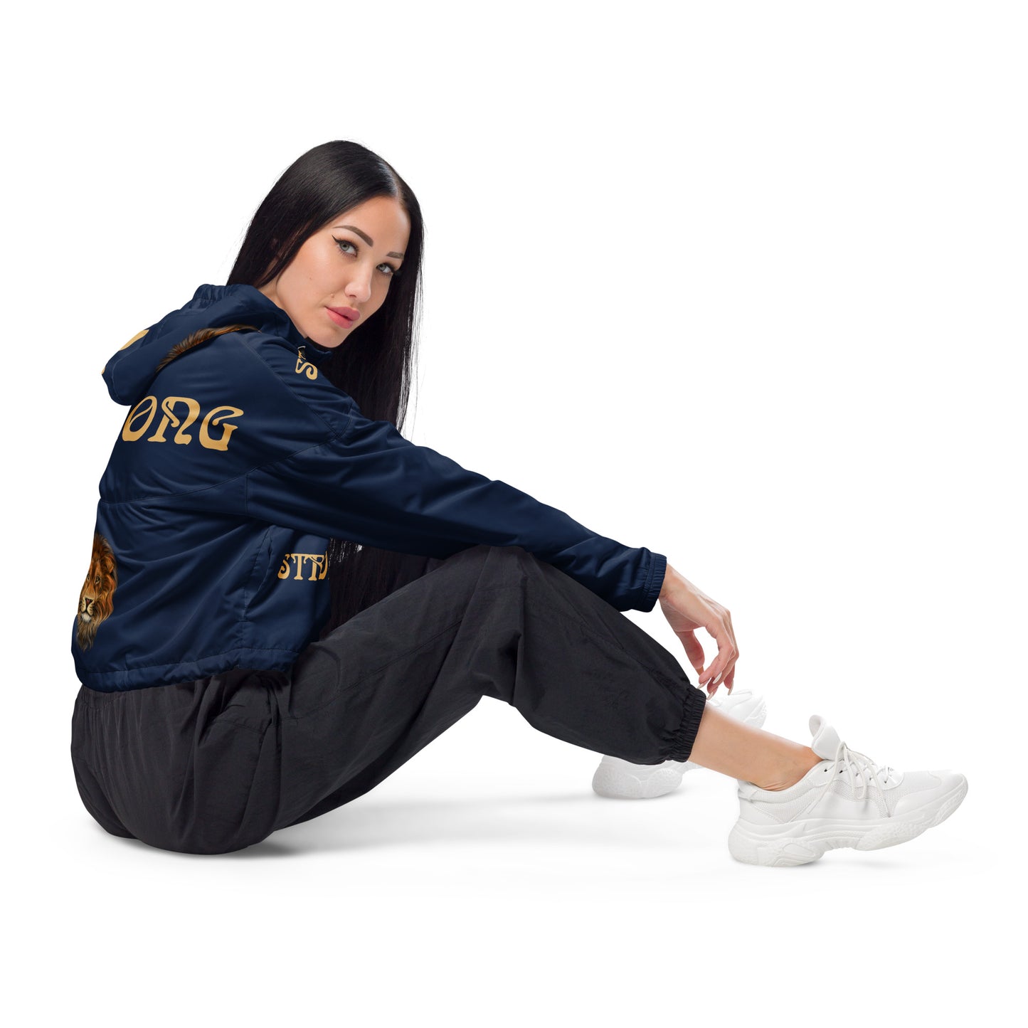 “STRONG”Navy Women’s Cropped Windbreaker W/Fawn Font