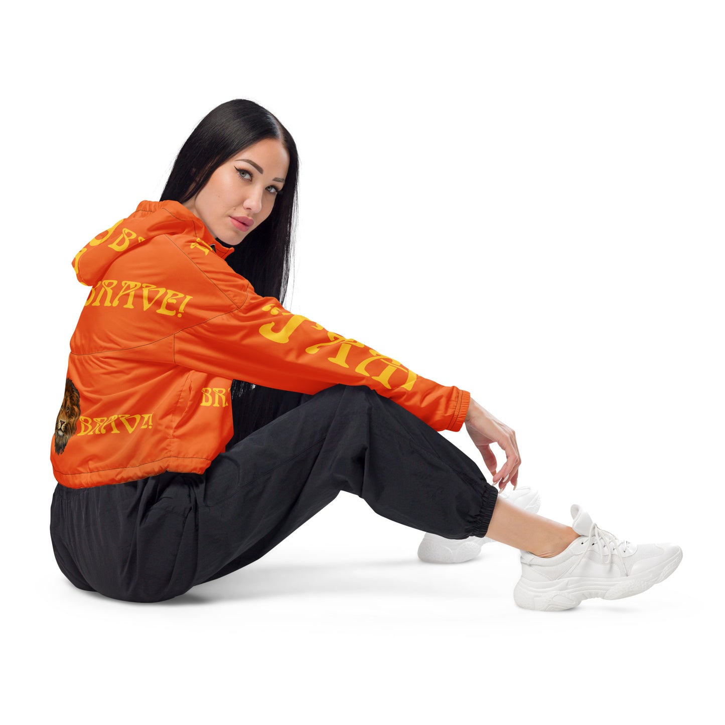 “BRAVE!”Orange Women’s Cropped Windbreaker W/Yellow Font