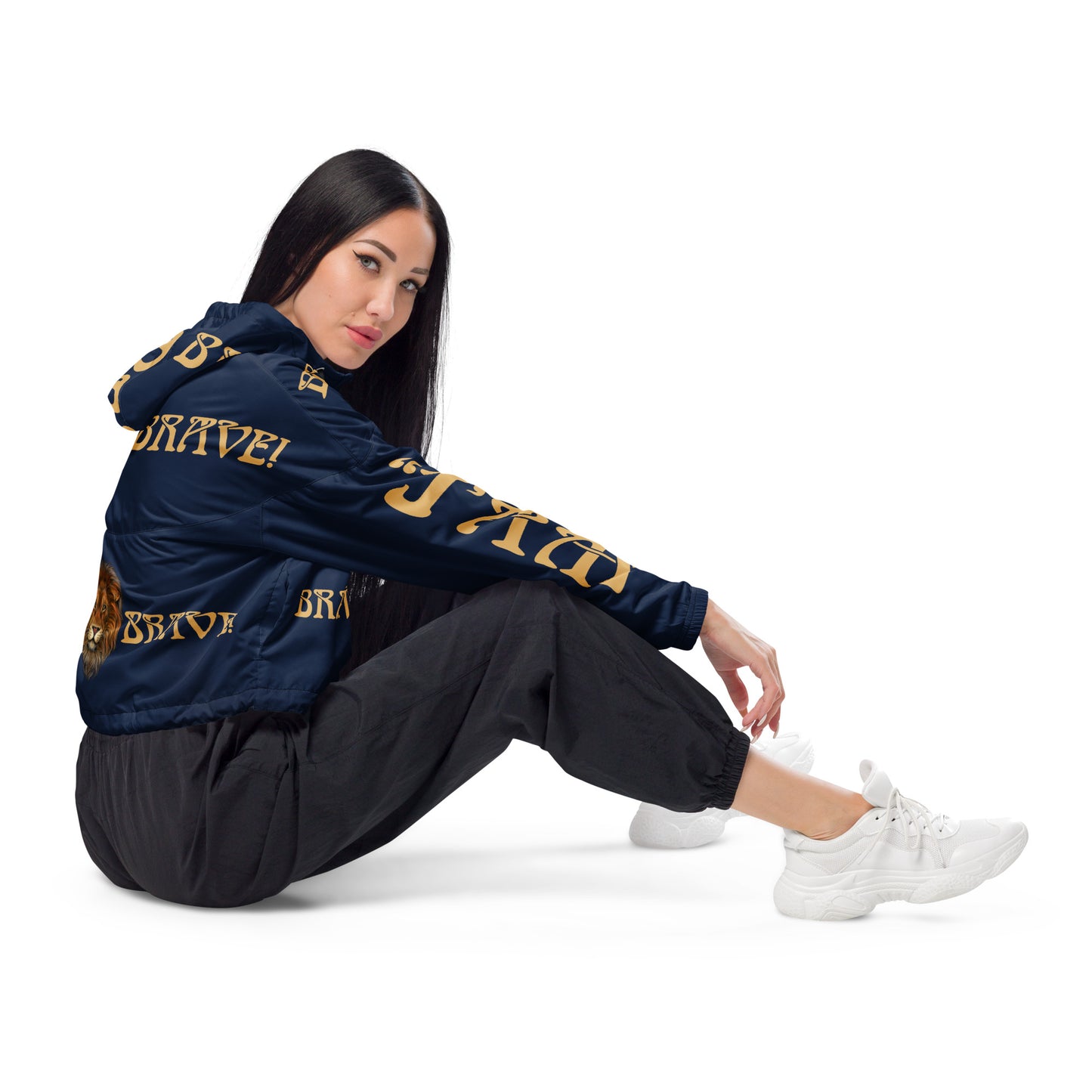 “BRAVE!”Navy Women’s Cropped Windbreaker W/Fawn Font