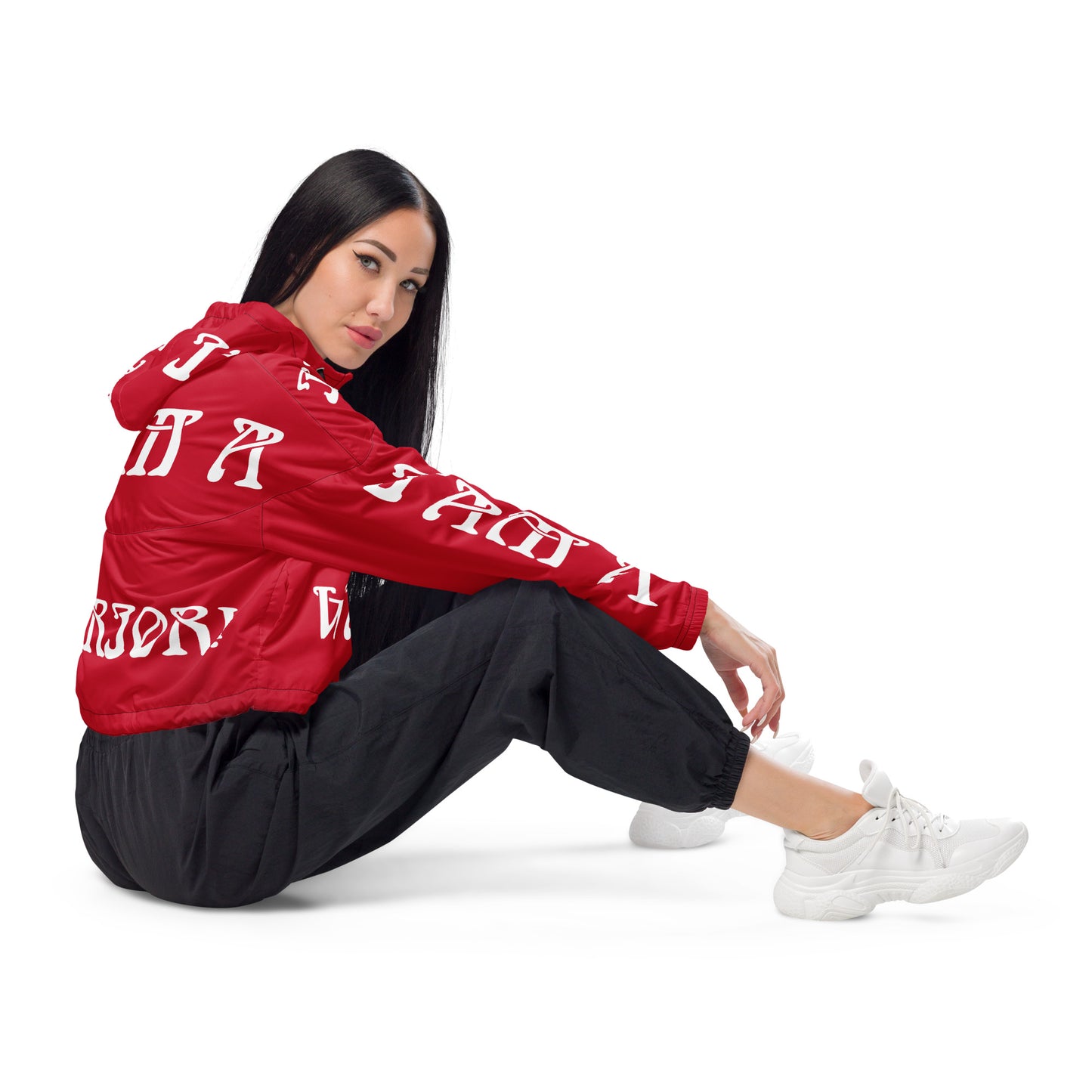 “I’AM A WARRIOR!” Red Women’s Cropped Windbreaker W/White Font