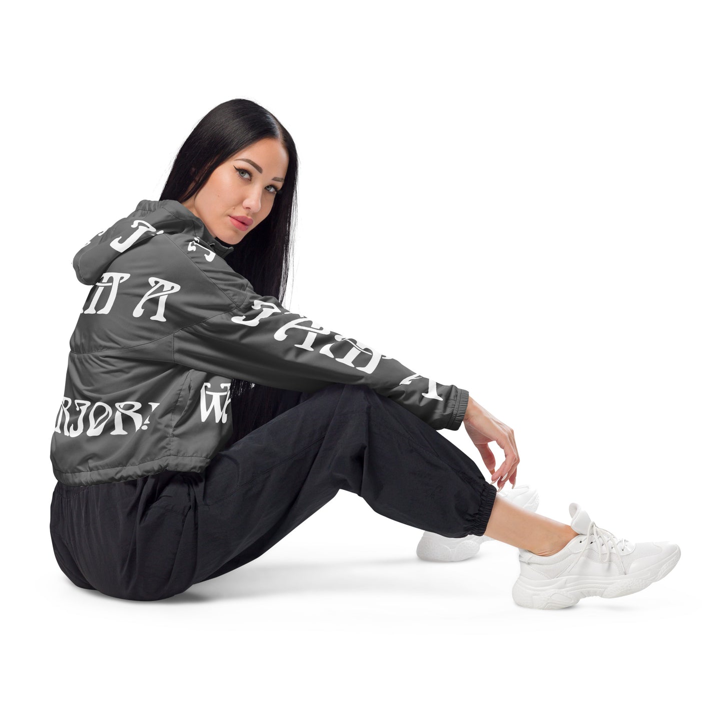 “I’AM A WARRIOR!” Grey Women’s Cropped Windbreaker W/White Font