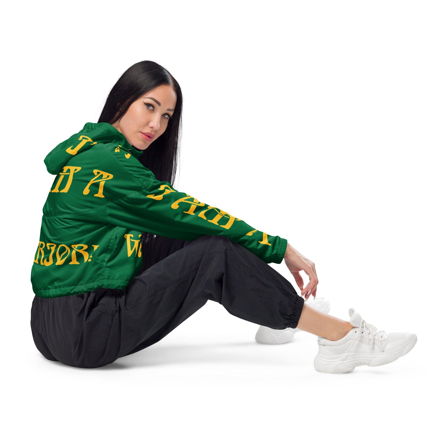 “I’AM A WARRIOR!” Green Women’s Cropped Windbreaker W/Yellow Font