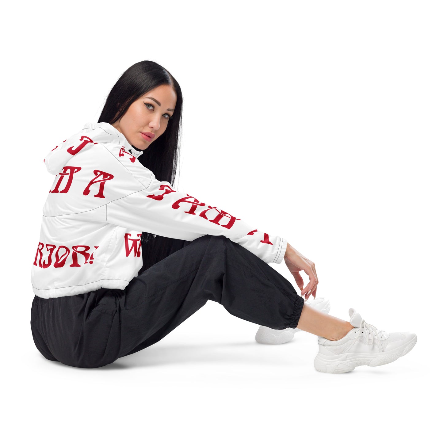 “I’AM A WARRIOR!” White Women’s Cropped Windbreaker W/Red Font