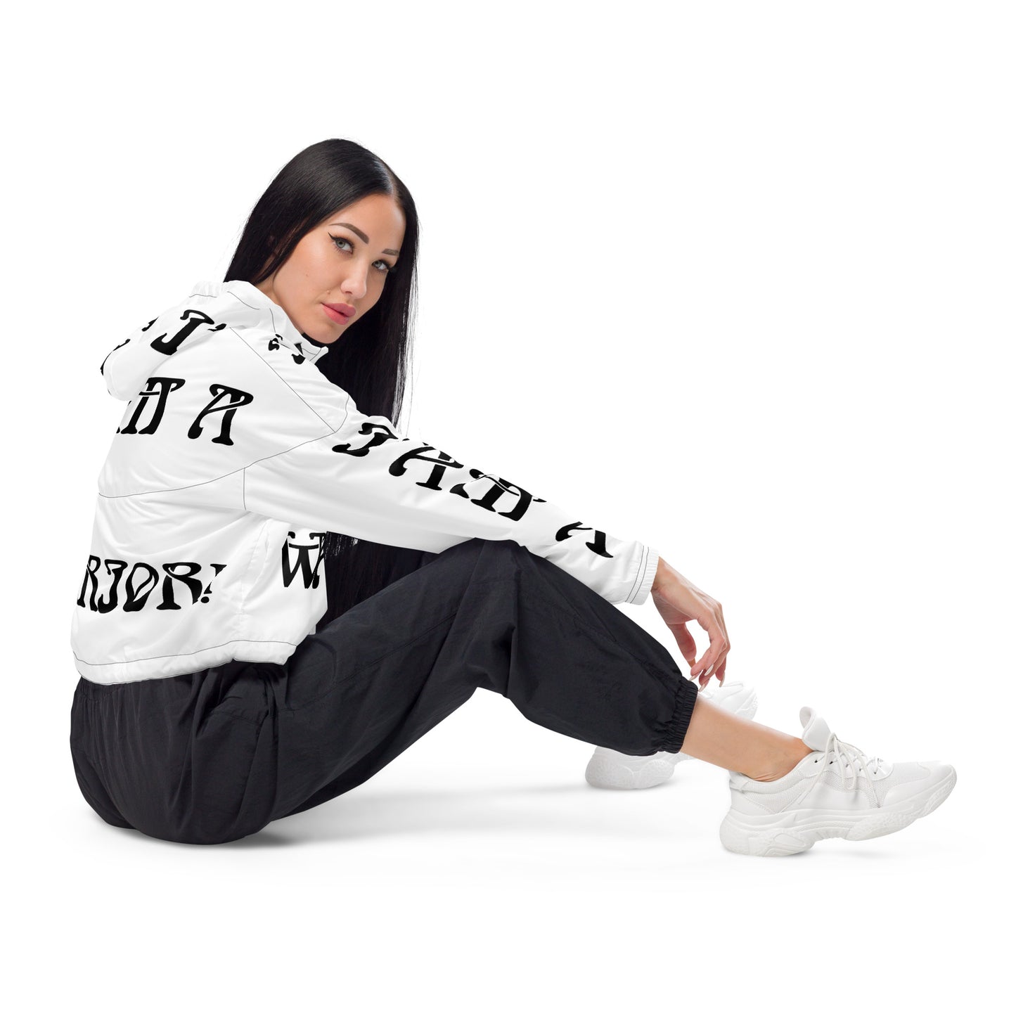 “I’AM A WARRIOR!” White Women’s Cropped Windbreaker W/Black Font