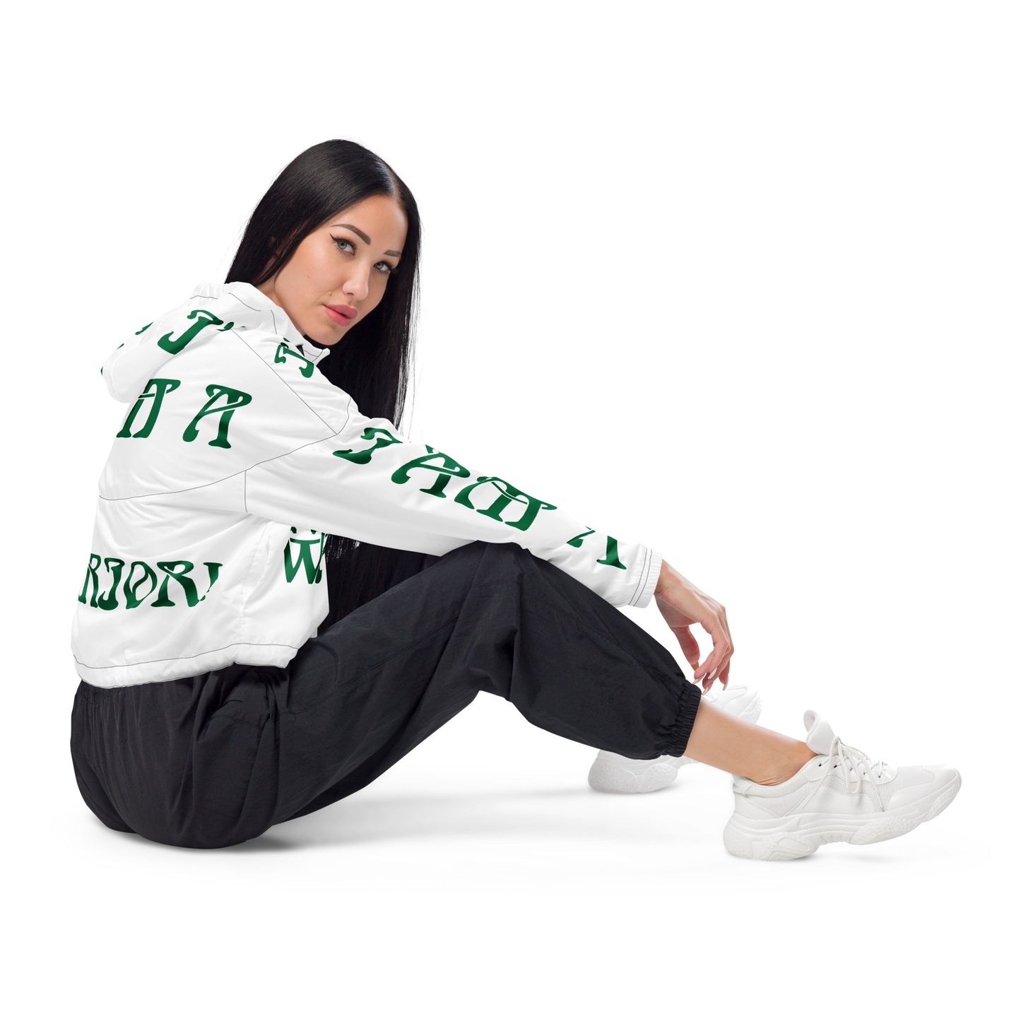 “I’AM A WARRIOR!” White Women’s Cropped Windbreaker W/Green Font