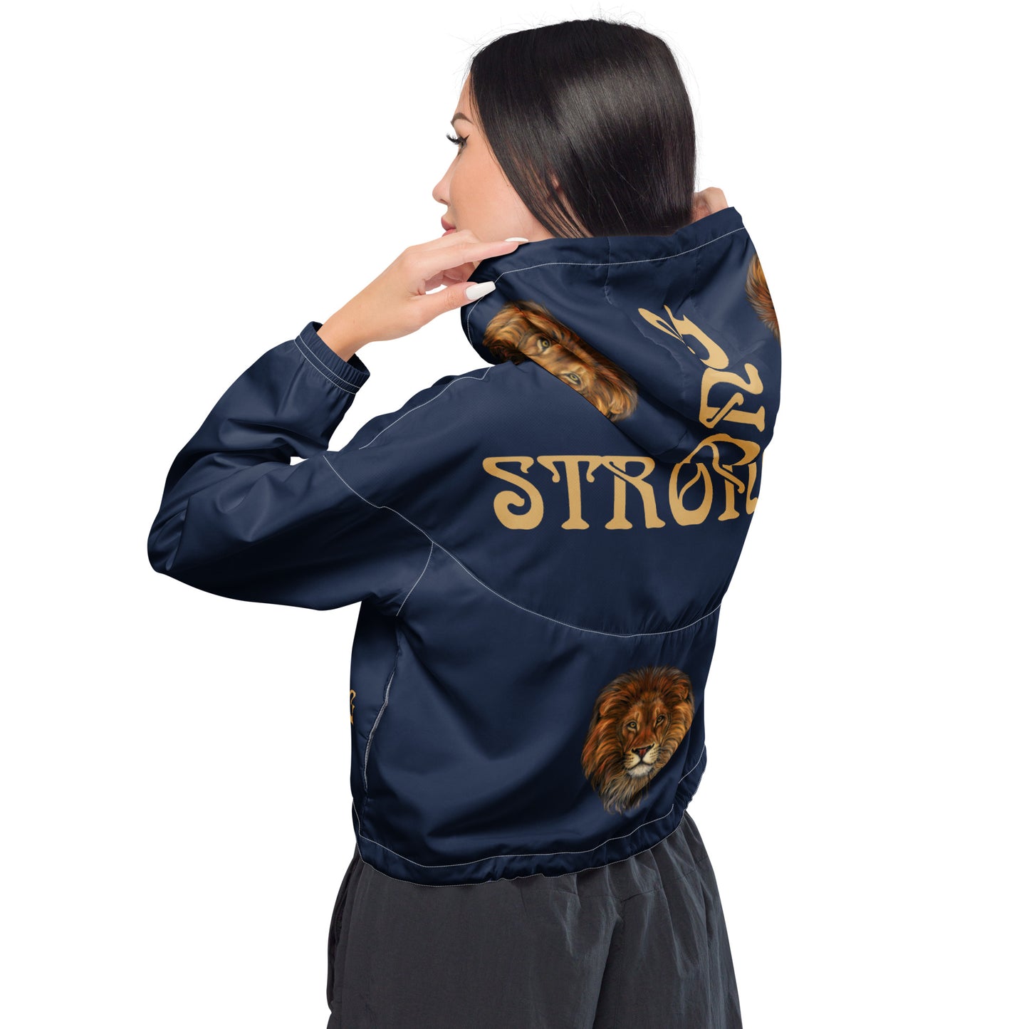 “STRONG”Navy Women’s Cropped Windbreaker W/Fawn Font
