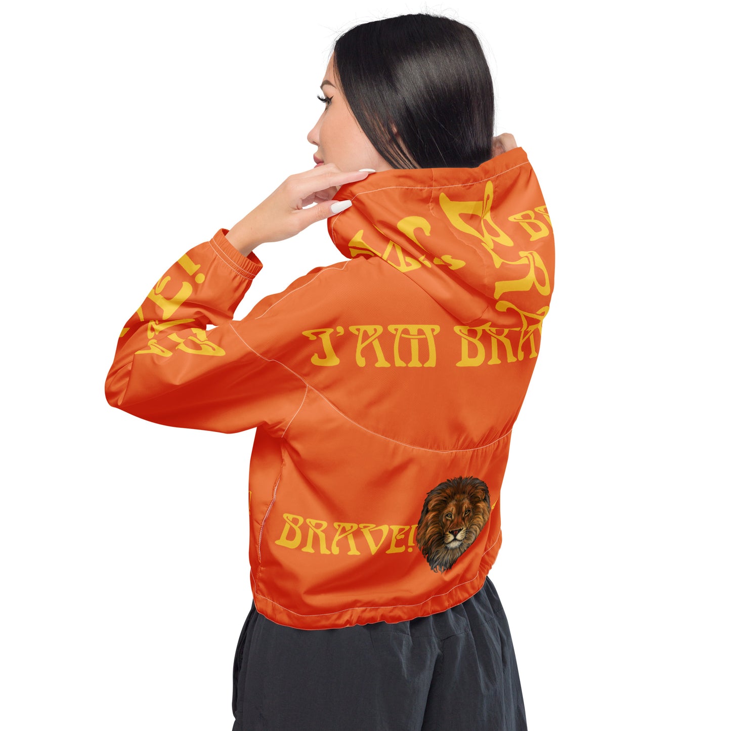 “BRAVE!”Orange Women’s Cropped Windbreaker W/Yellow Font
