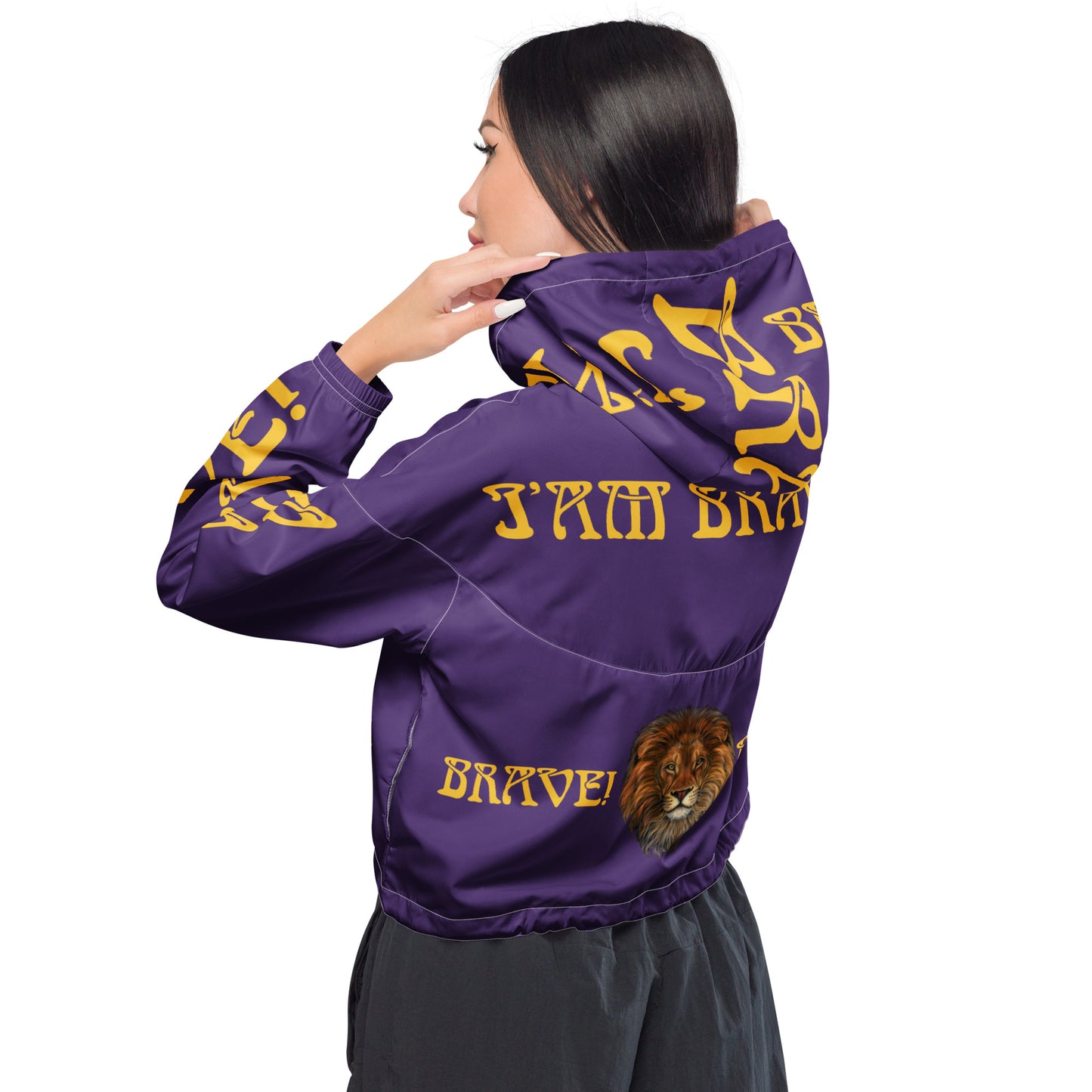 “BRAVE!”Purple Women’s Cropped Windbreaker W/Yellow Font