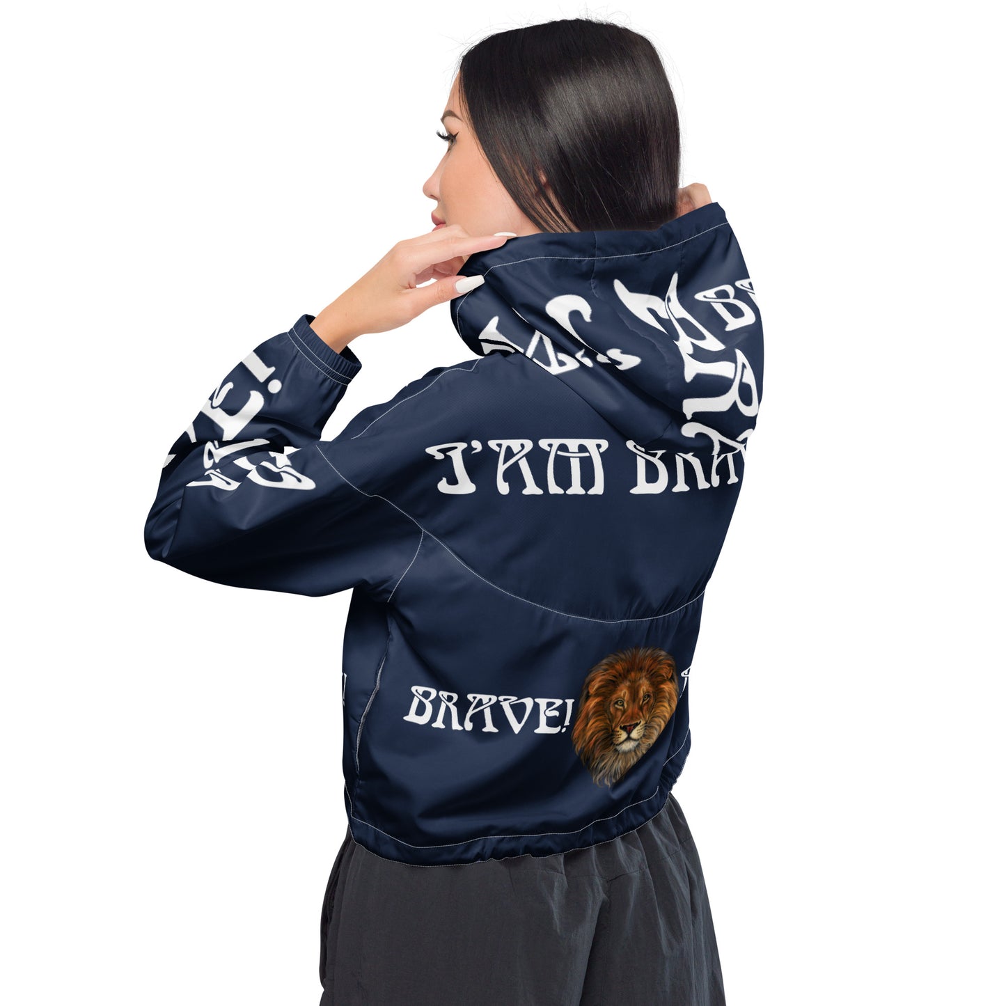 “BRAVE!”Navy Women’s Cropped Windbreaker W/White Font