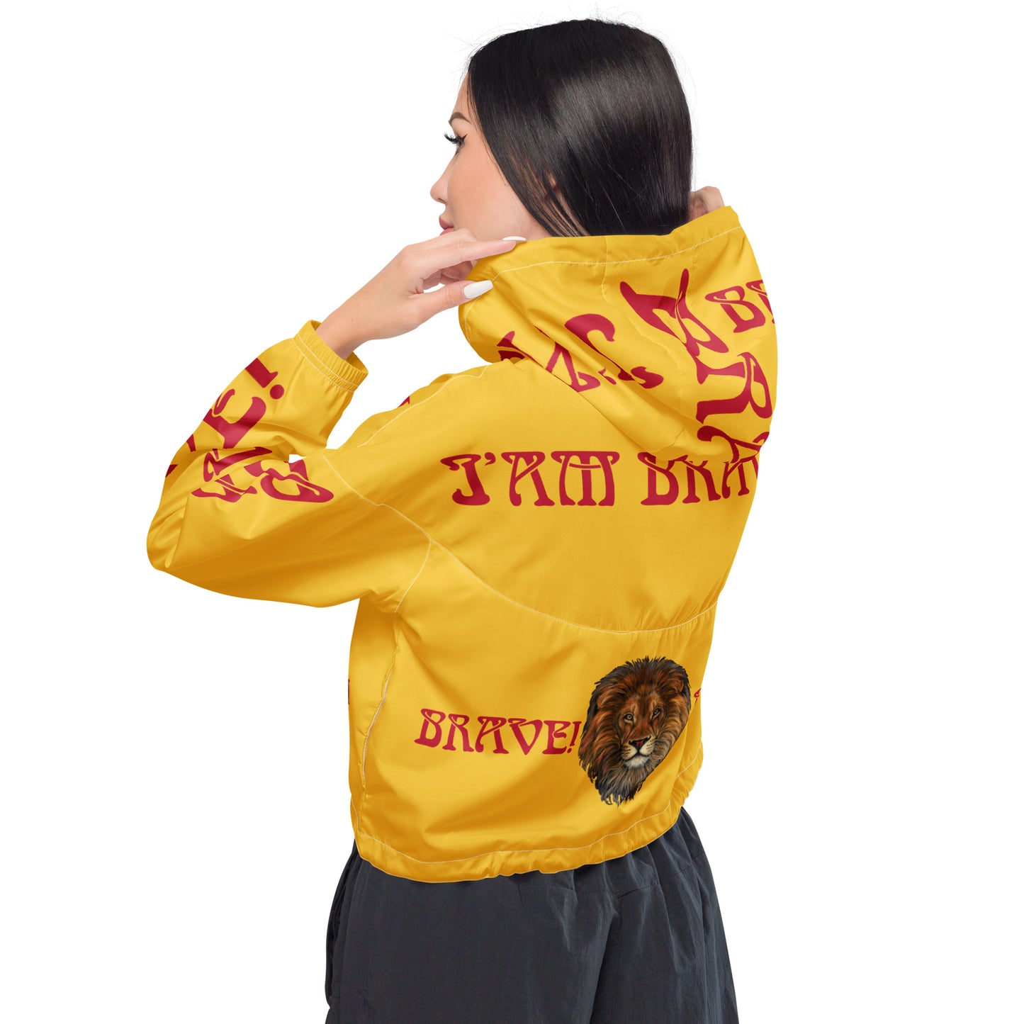 “BRAVE!”Yellow Women’s Cropped Windbreaker W/Red Font