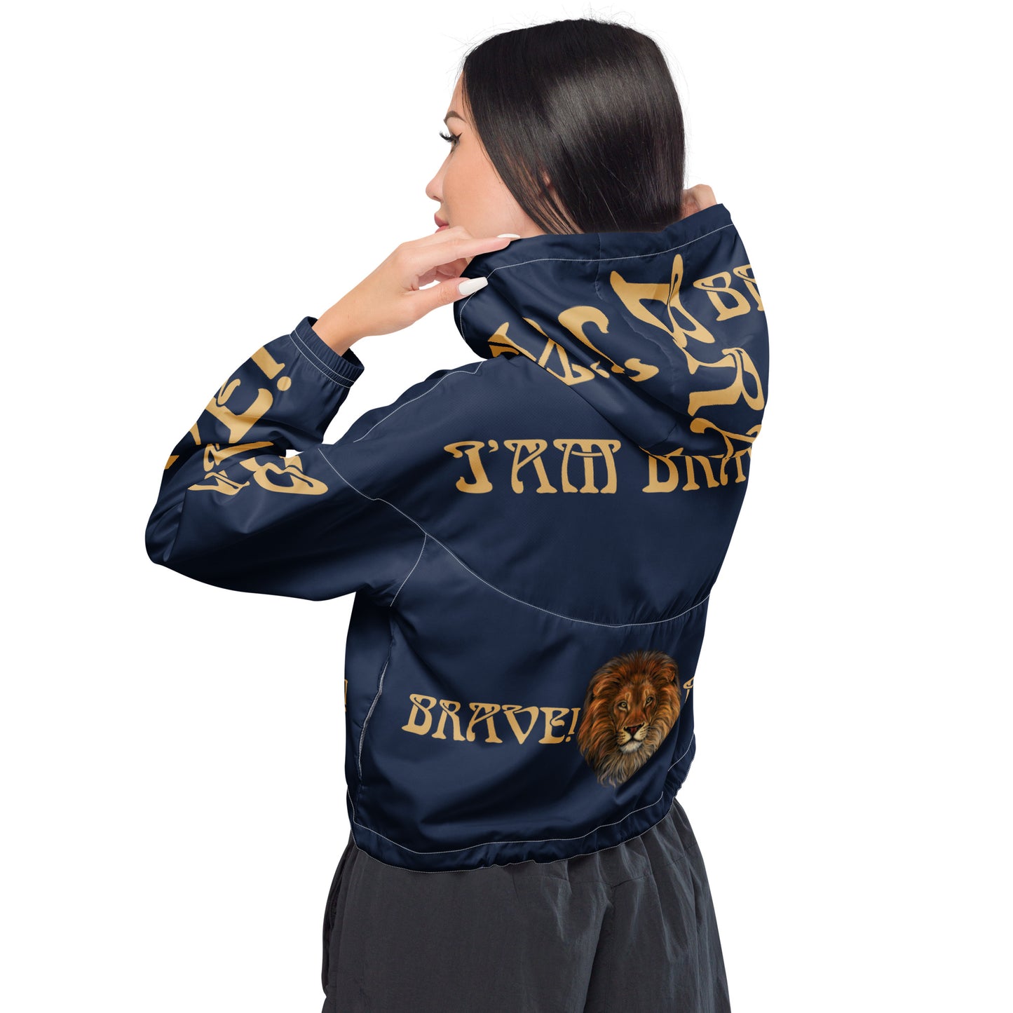“BRAVE!”Navy Women’s Cropped Windbreaker W/Fawn Font