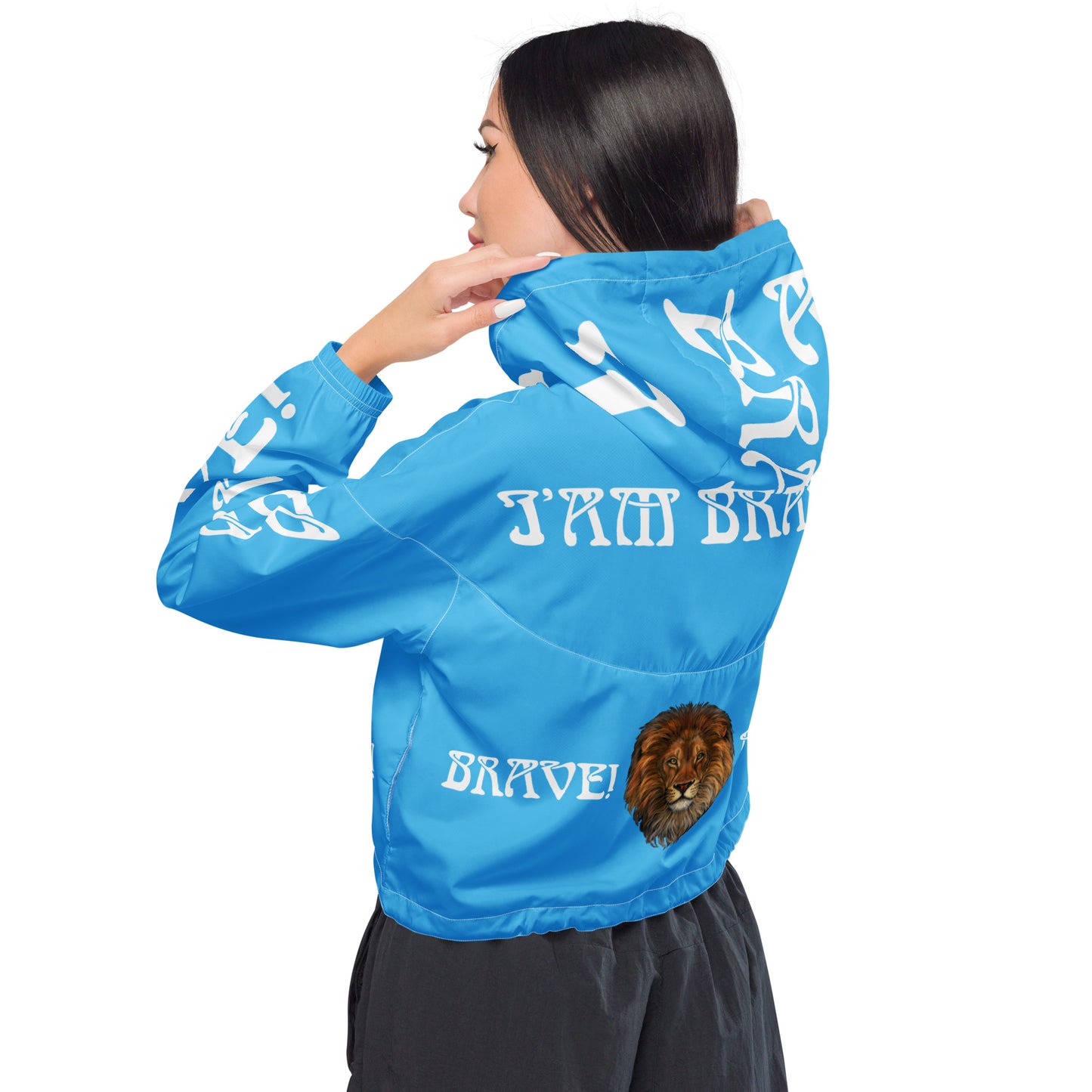 “BRAVE!”SkyBlue Women’s Cropped Windbreaker W/White Font