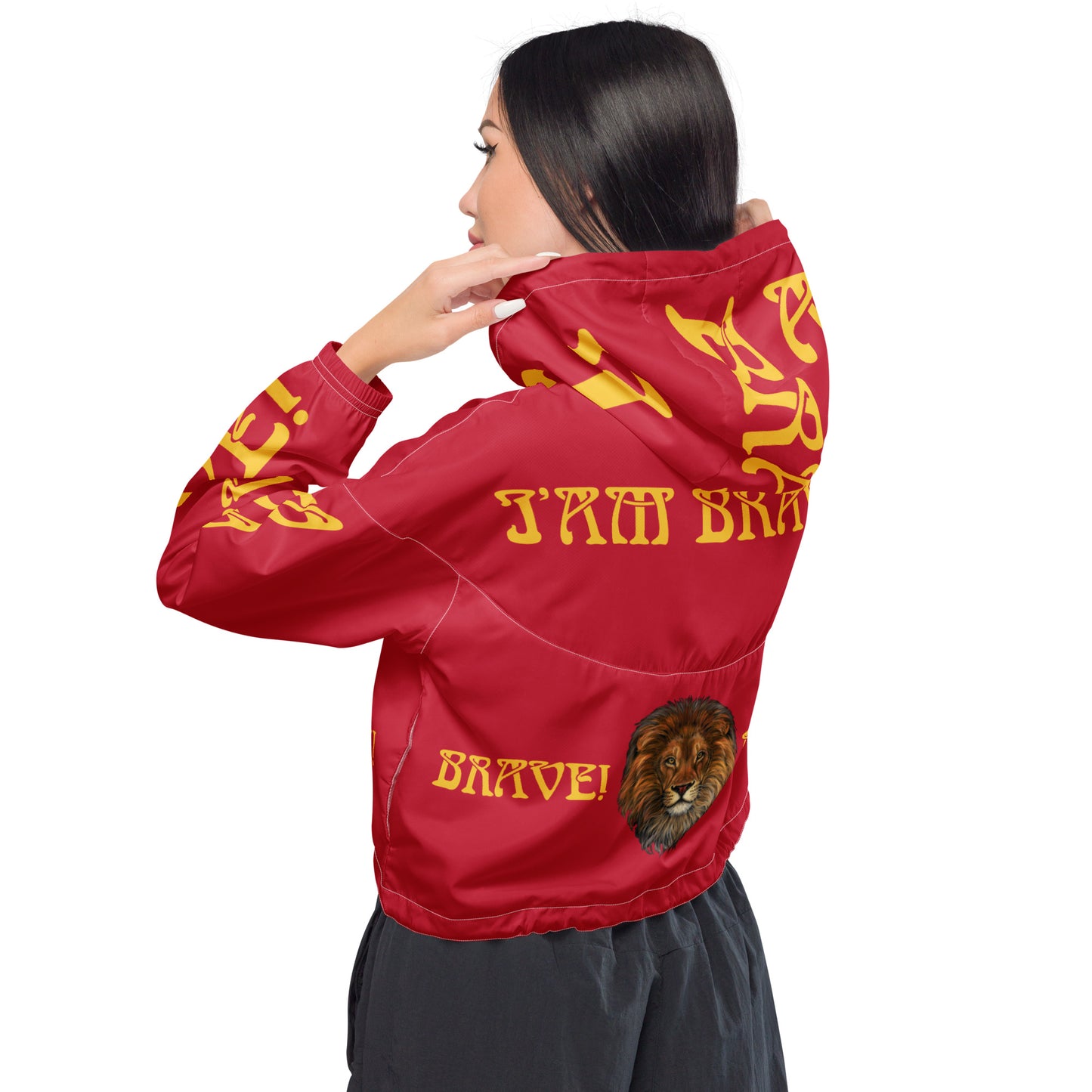 “BRAVE!”Red Women’s Cropped Windbreaker W/Yellow Font