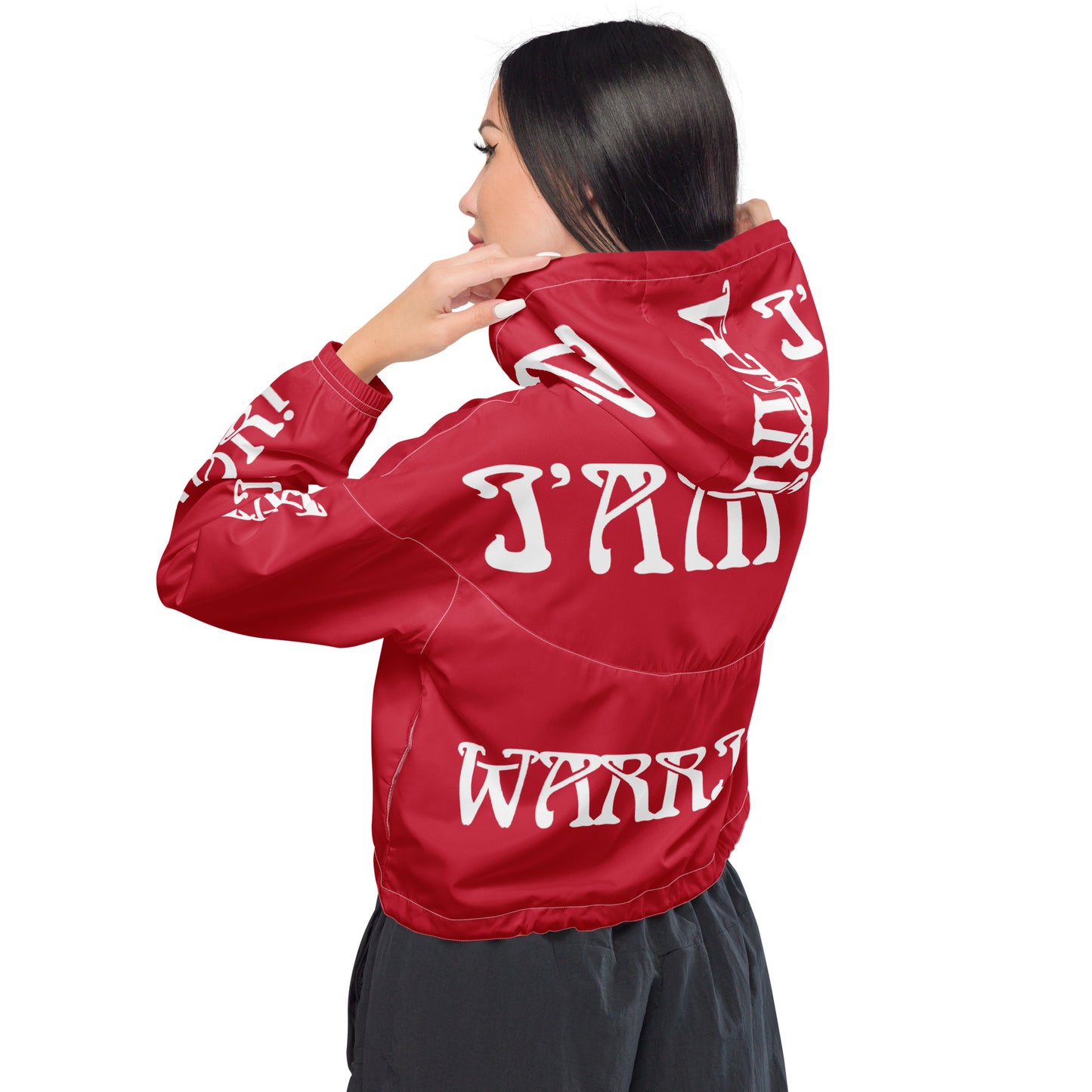 “I’AM A WARRIOR!” Red Women’s Cropped Windbreaker W/White Font