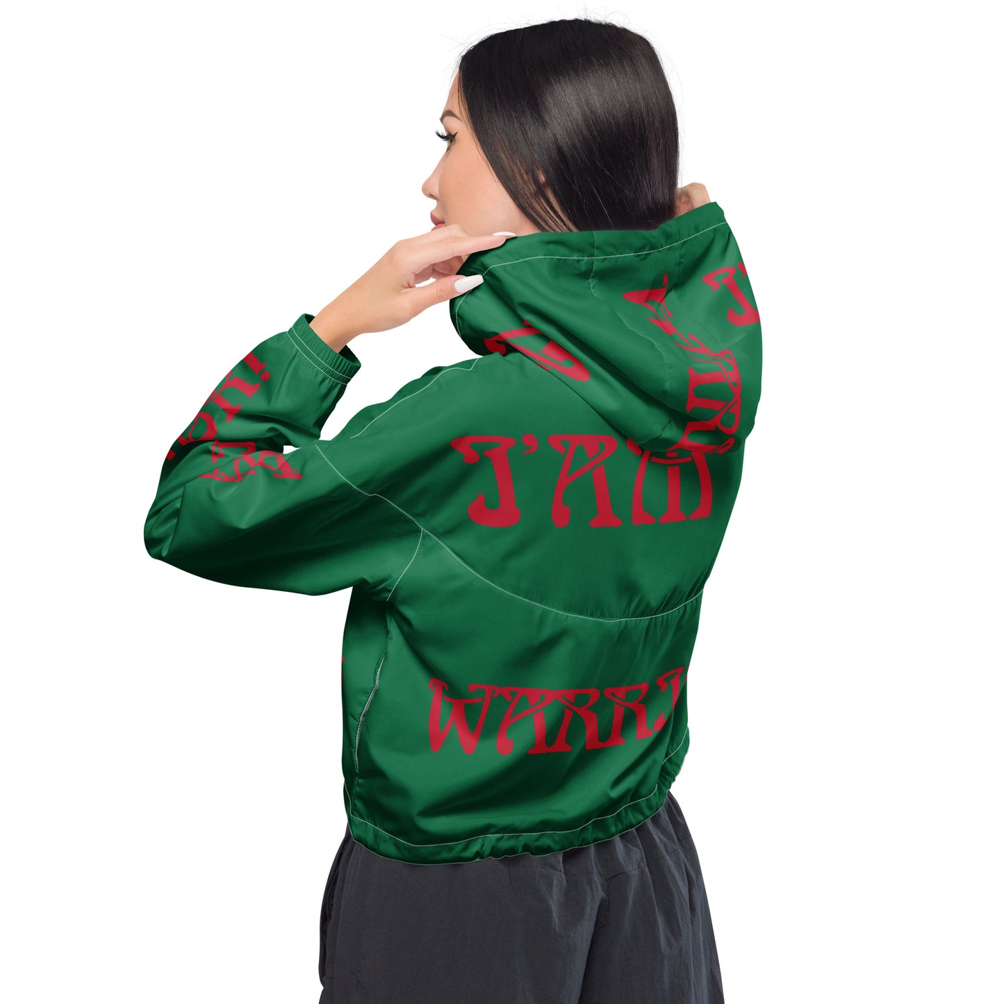 “I’AM A WARRIOR!” Green Women’s Cropped Windbreaker W/Red Font