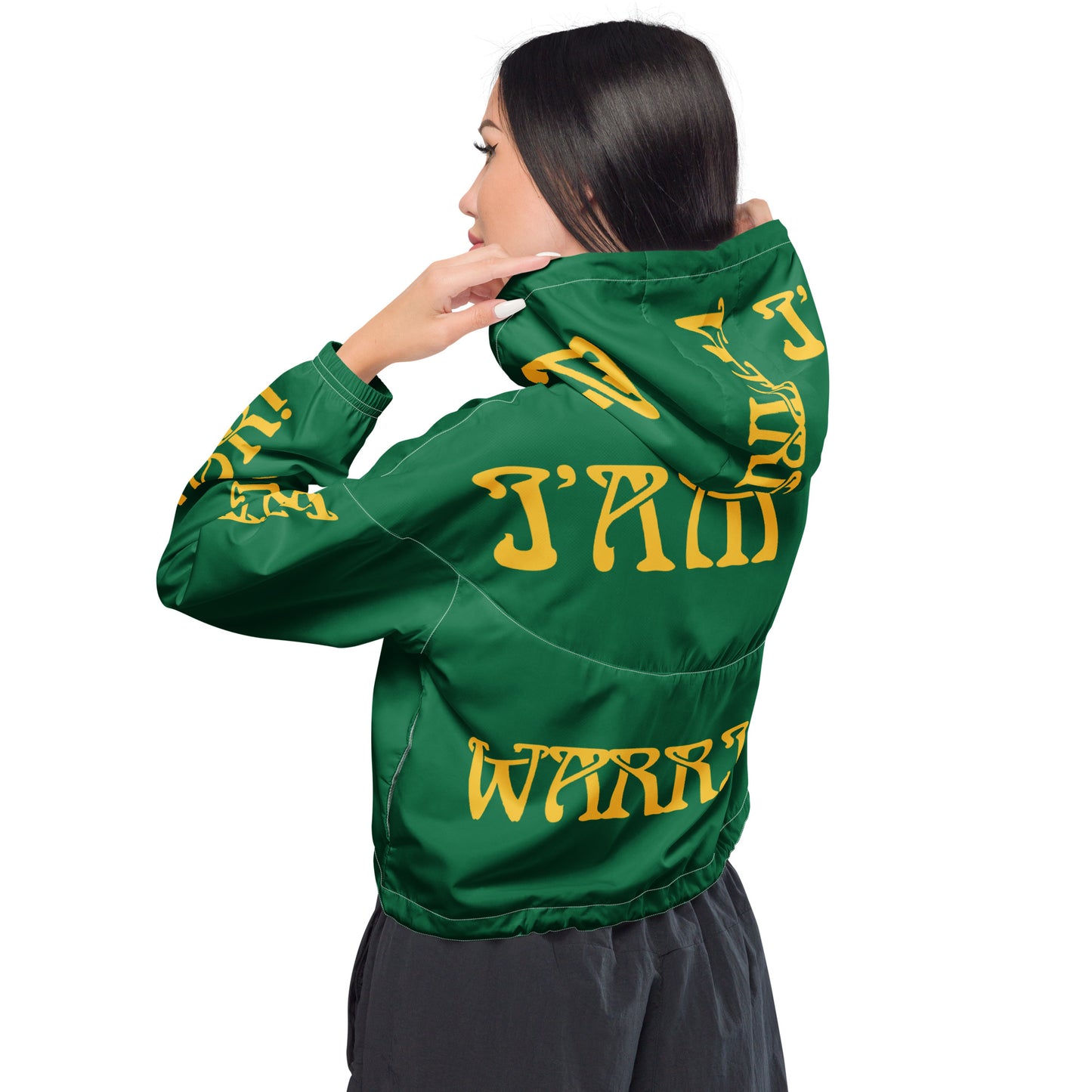 “I’AM A WARRIOR!” Green Women’s Cropped Windbreaker W/Yellow Font