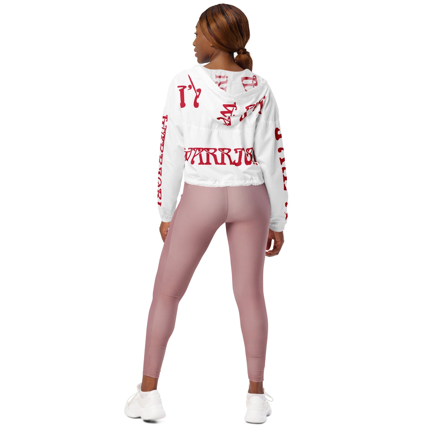 “I’AM A WARRIOR!” White Women’s Cropped Windbreaker W/Red Font