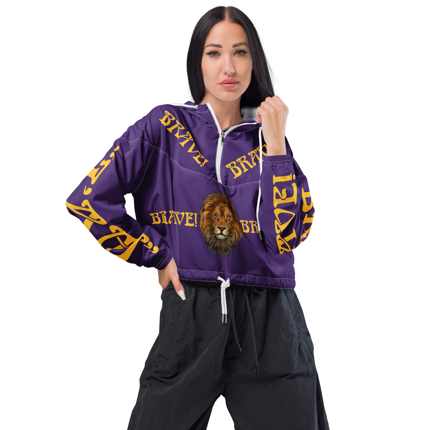 “BRAVE!”Purple Women’s Cropped Windbreaker W/Yellow Font