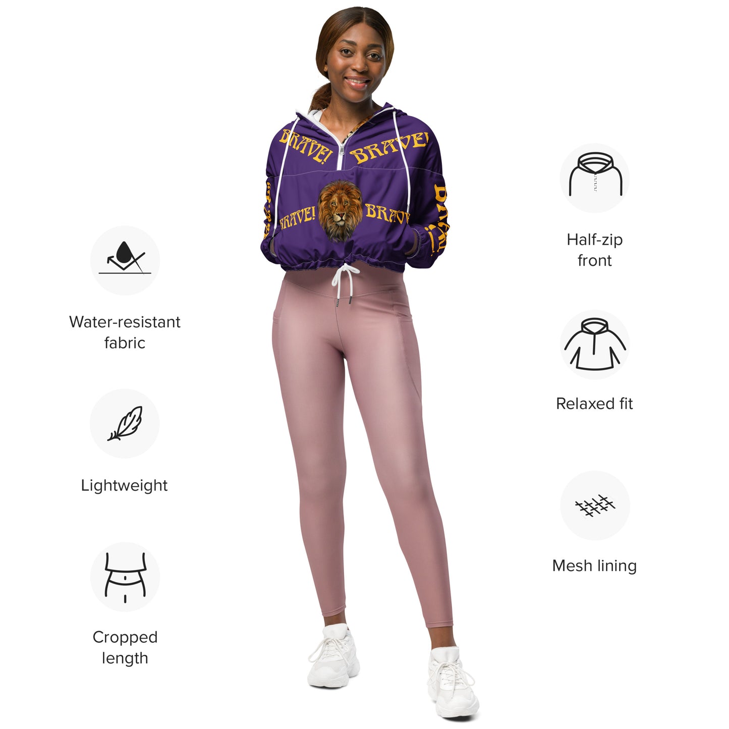 “BRAVE!”Purple Women’s Cropped Windbreaker W/Yellow Font