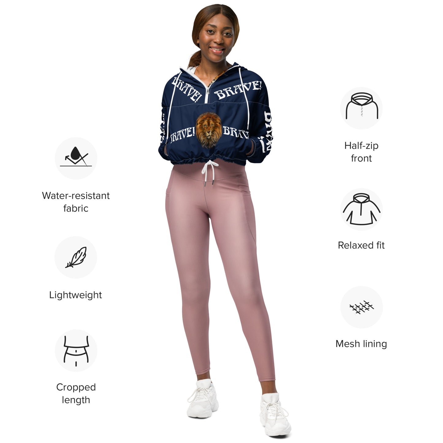 “BRAVE!”Navy Women’s Cropped Windbreaker W/White Font