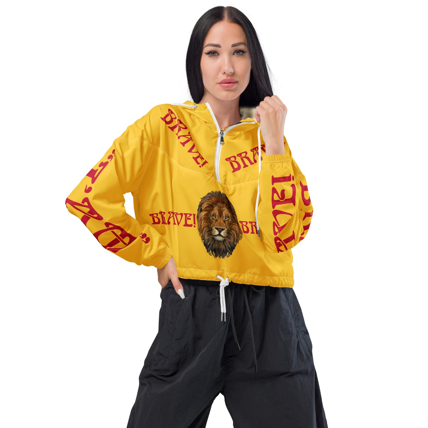 “BRAVE!”Yellow Women’s Cropped Windbreaker W/Red Font