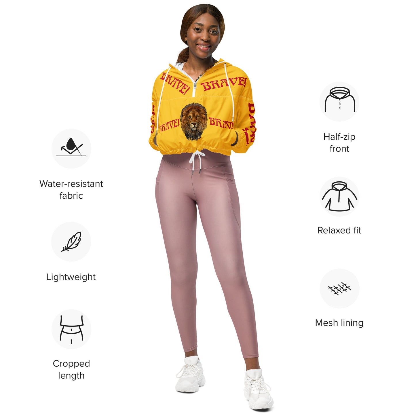 “BRAVE!”Yellow Women’s Cropped Windbreaker W/Red Font