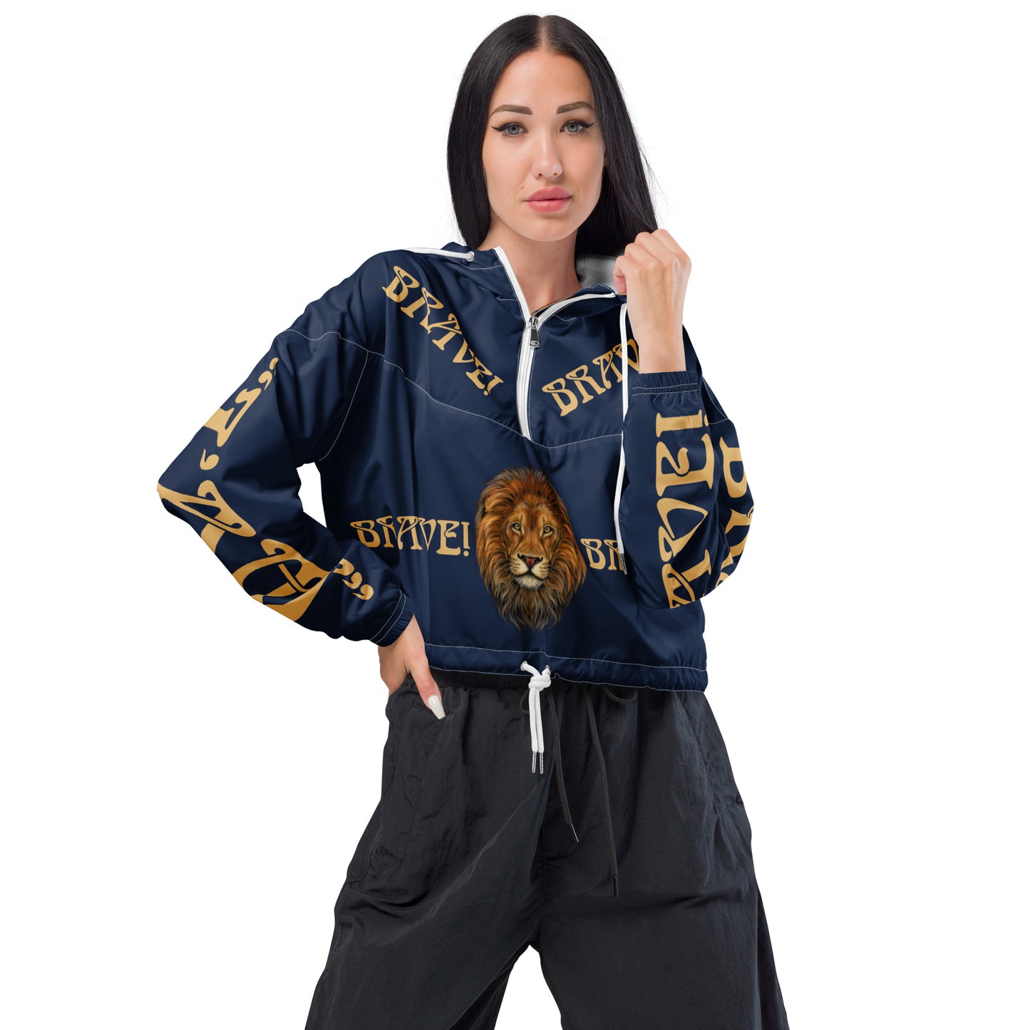 “BRAVE!”Navy Women’s Cropped Windbreaker W/Fawn Font