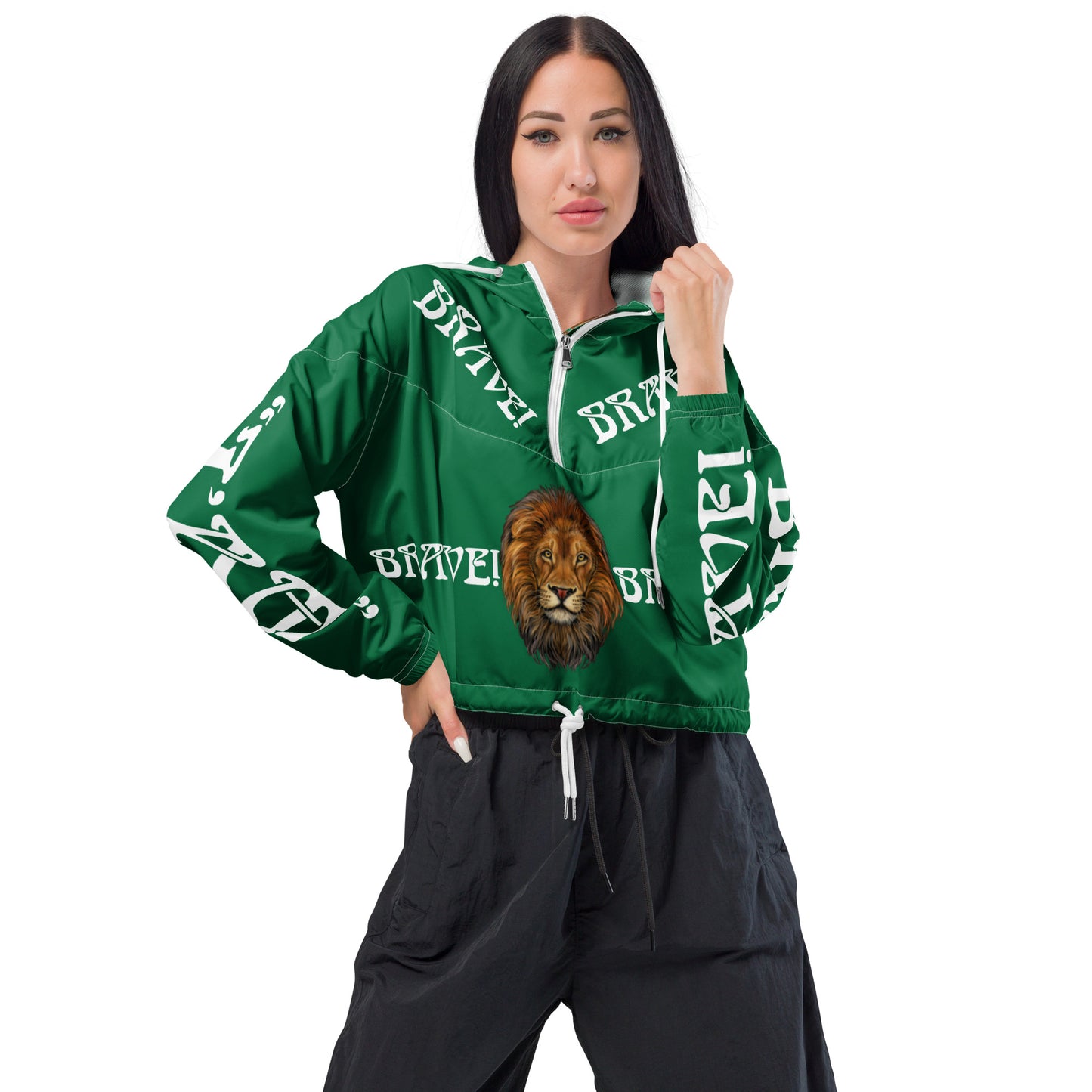 “BRAVE!”Green Women’s Cropped Windbreaker W/White Font