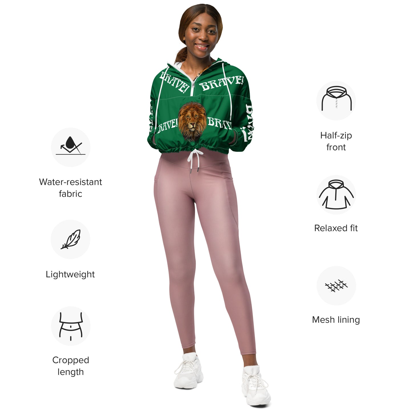 “BRAVE!”Green Women’s Cropped Windbreaker W/White Font
