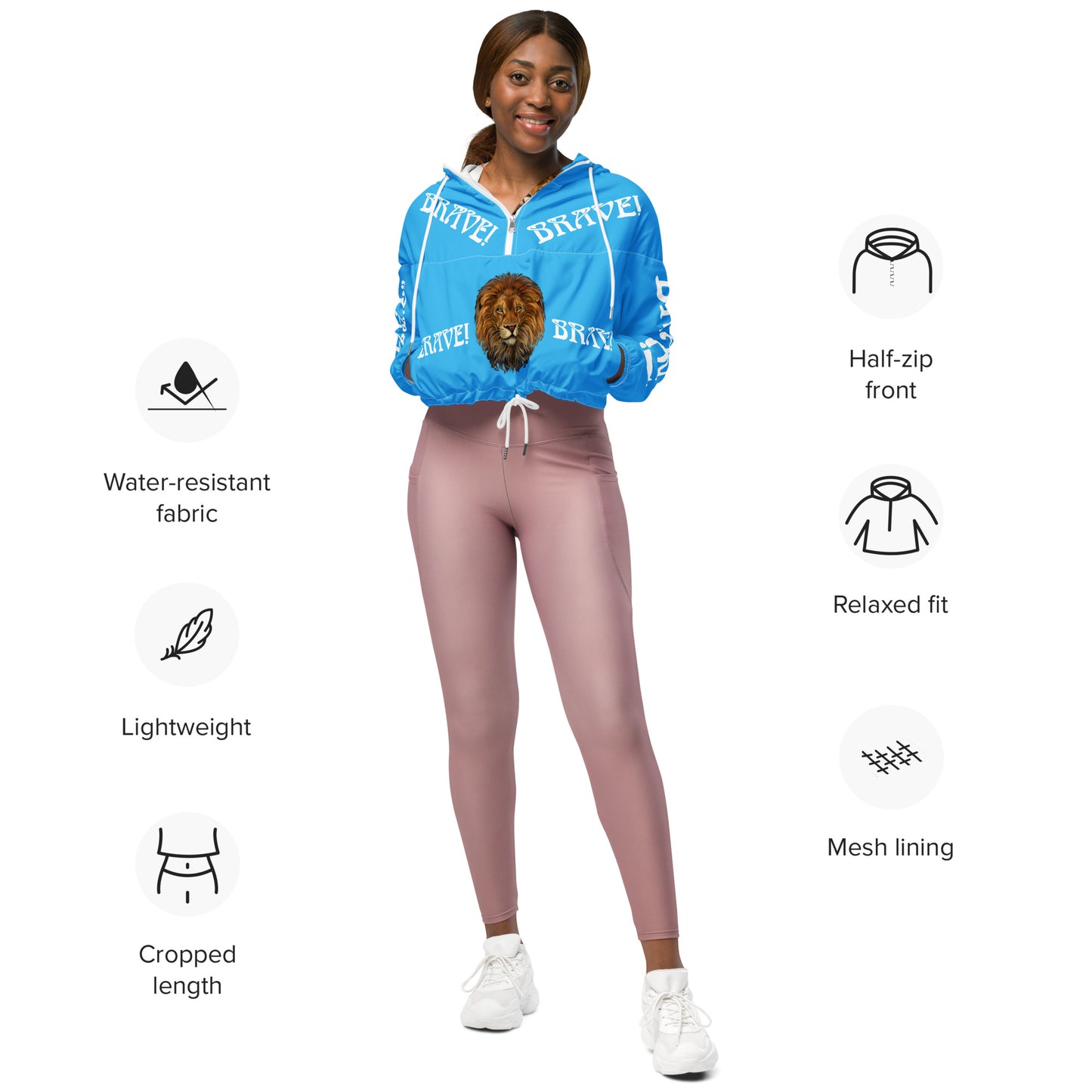 “BRAVE!”SkyBlue Women’s Cropped Windbreaker W/White Font