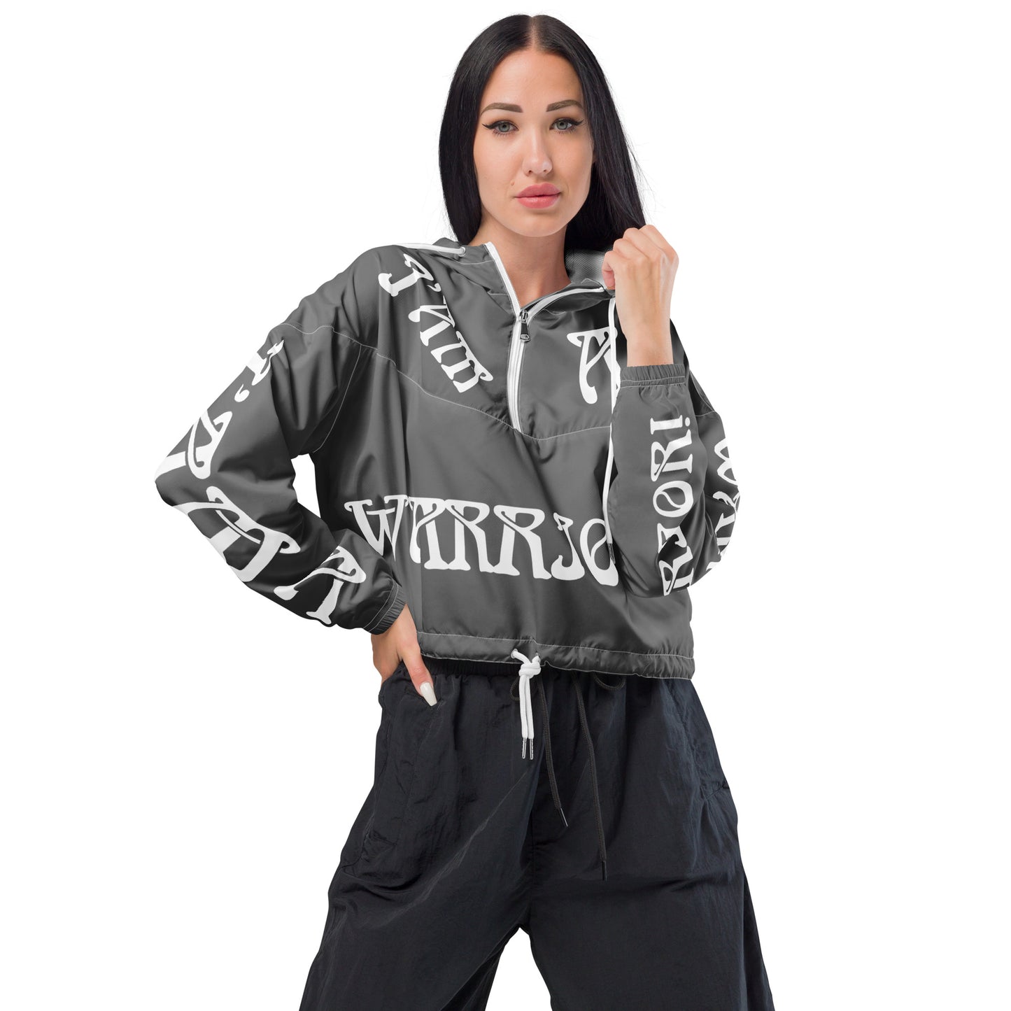 “I’AM A WARRIOR!” Grey Women’s Cropped Windbreaker W/White Font