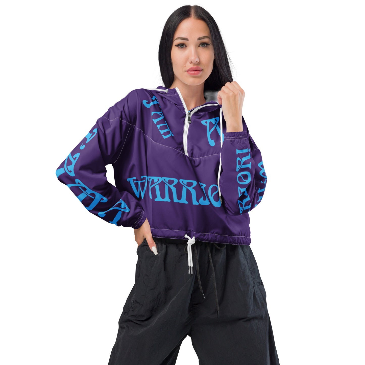 “I’AM A WARRIOR!” Purple Women’s Cropped Windbreaker W/SkyBlue Font