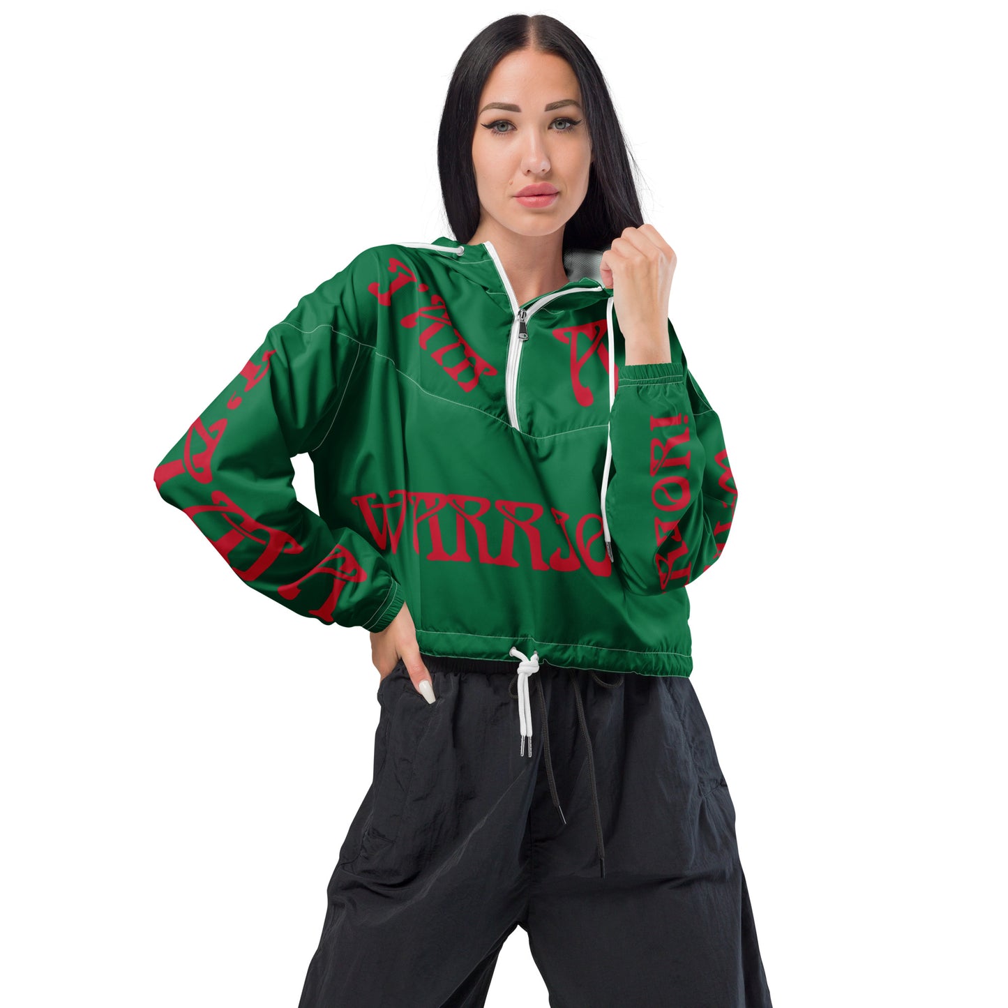 “I’AM A WARRIOR!” Green Women’s Cropped Windbreaker W/Red Font