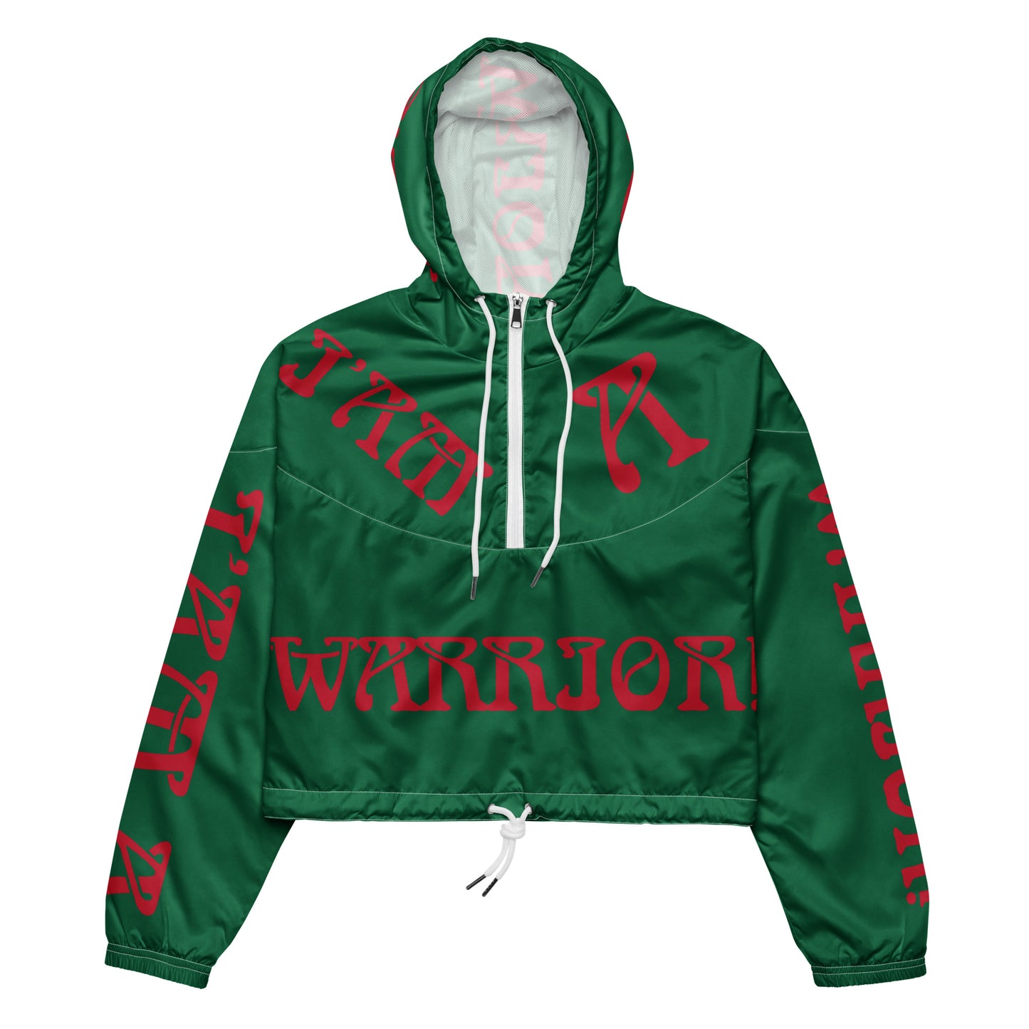 “I’AM A WARRIOR!” Green Women’s Cropped Windbreaker W/Red Font