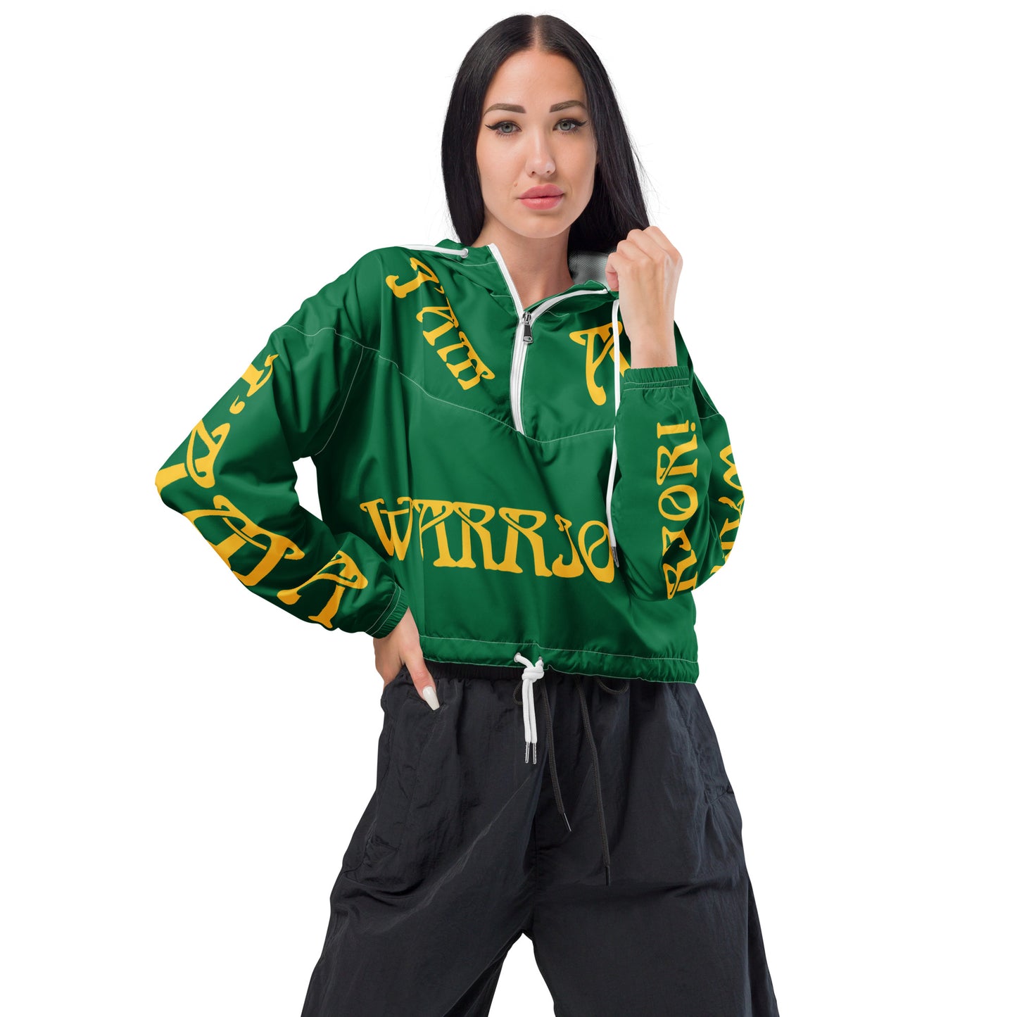 “I’AM A WARRIOR!” Green Women’s Cropped Windbreaker W/Yellow Font