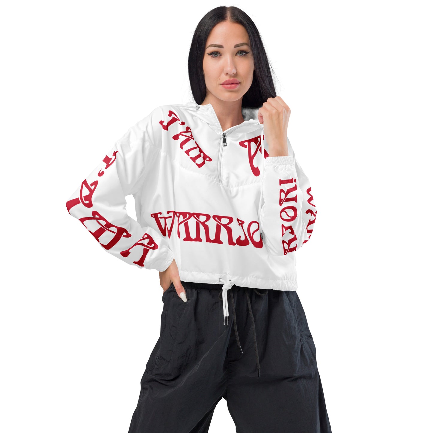 “I’AM A WARRIOR!” White Women’s Cropped Windbreaker W/Red Font