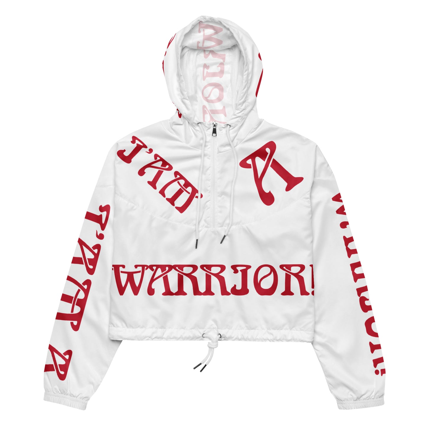 “I’AM A WARRIOR!” White Women’s Cropped Windbreaker W/Red Font