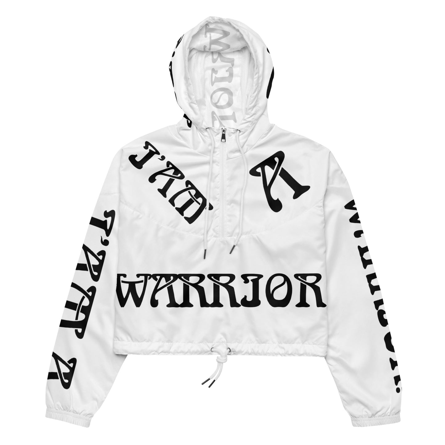 “I’AM A WARRIOR!” White Women’s Cropped Windbreaker W/Black Font