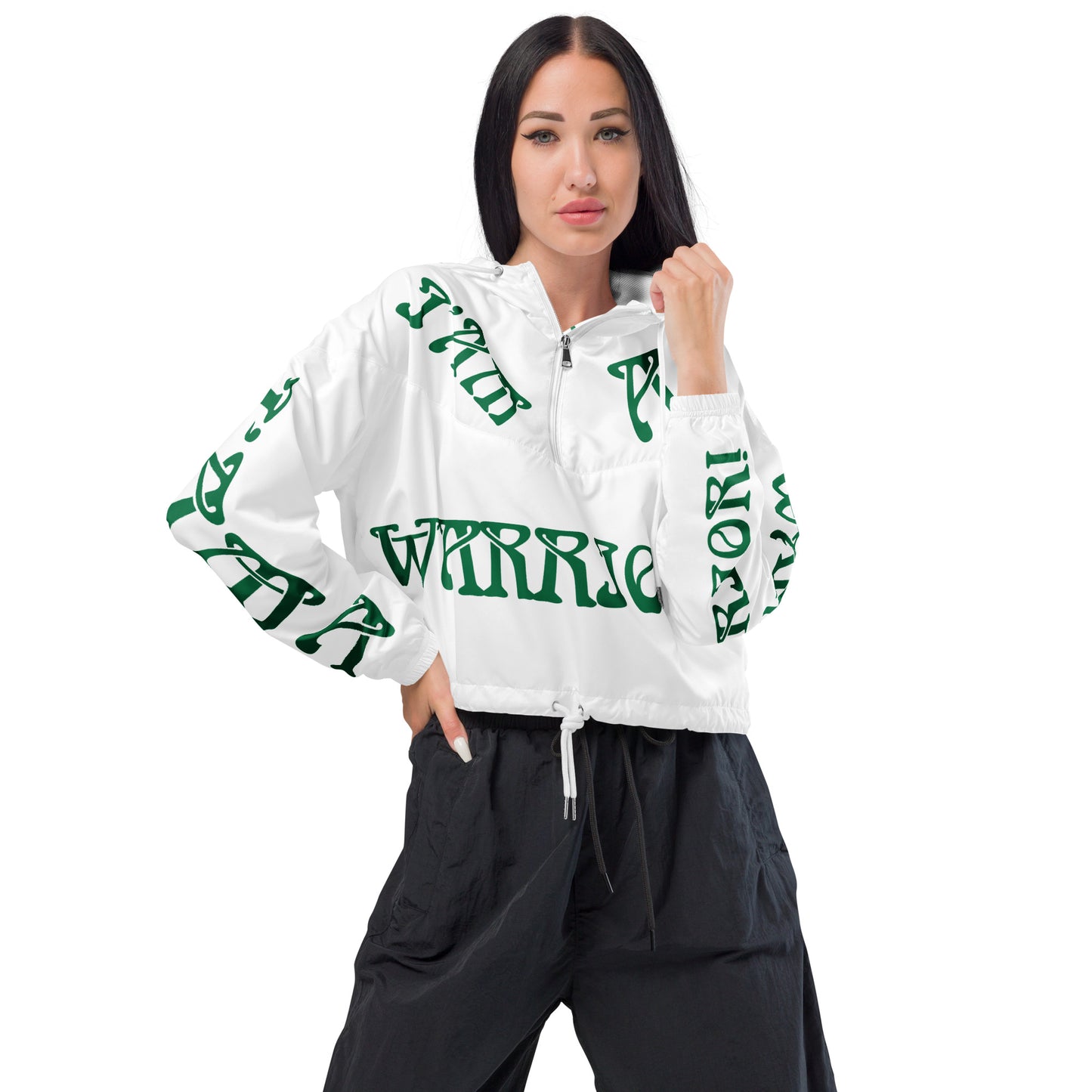 “I’AM A WARRIOR!” White Women’s Cropped Windbreaker W/Green Font