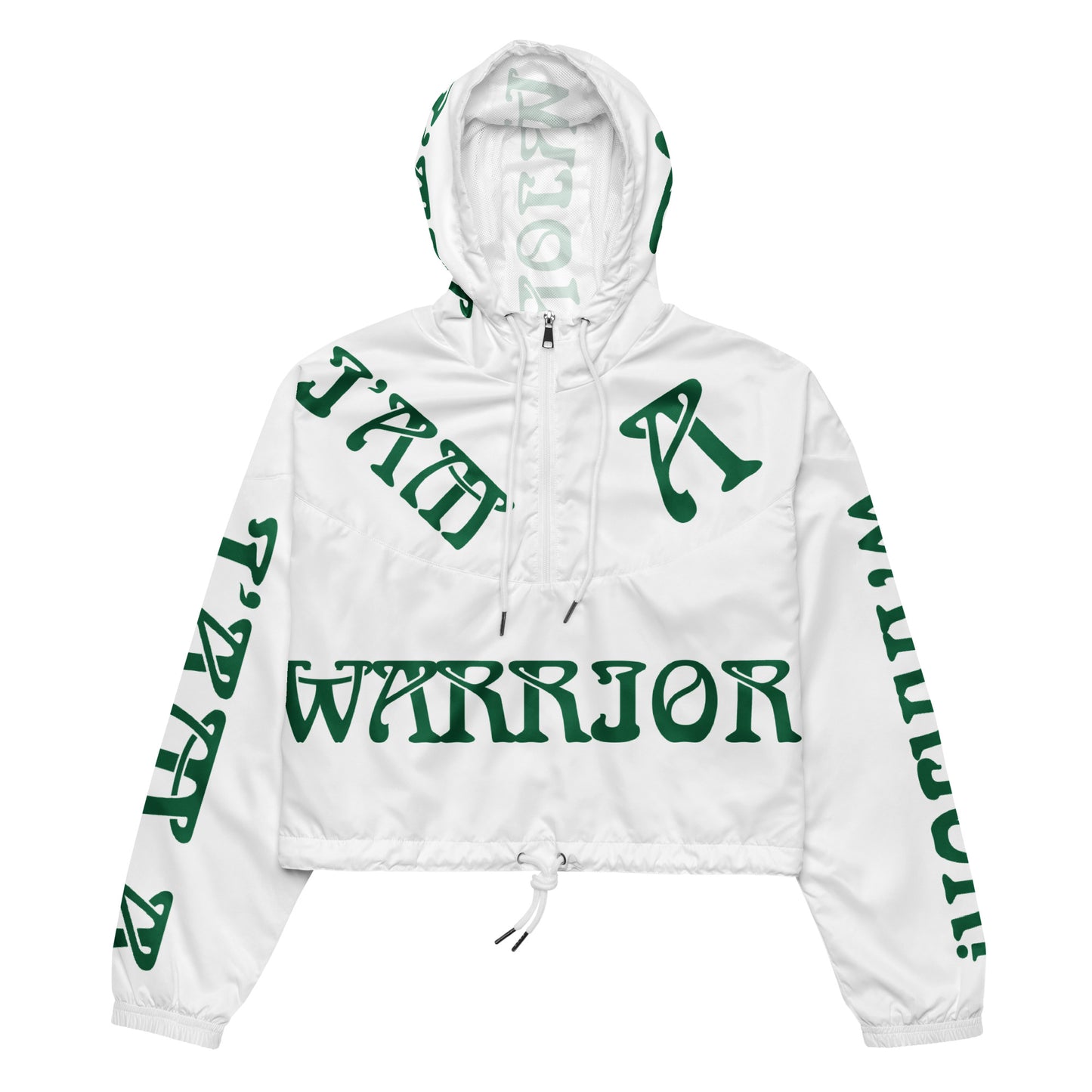 “I’AM A WARRIOR!” White Women’s Cropped Windbreaker W/Green Font