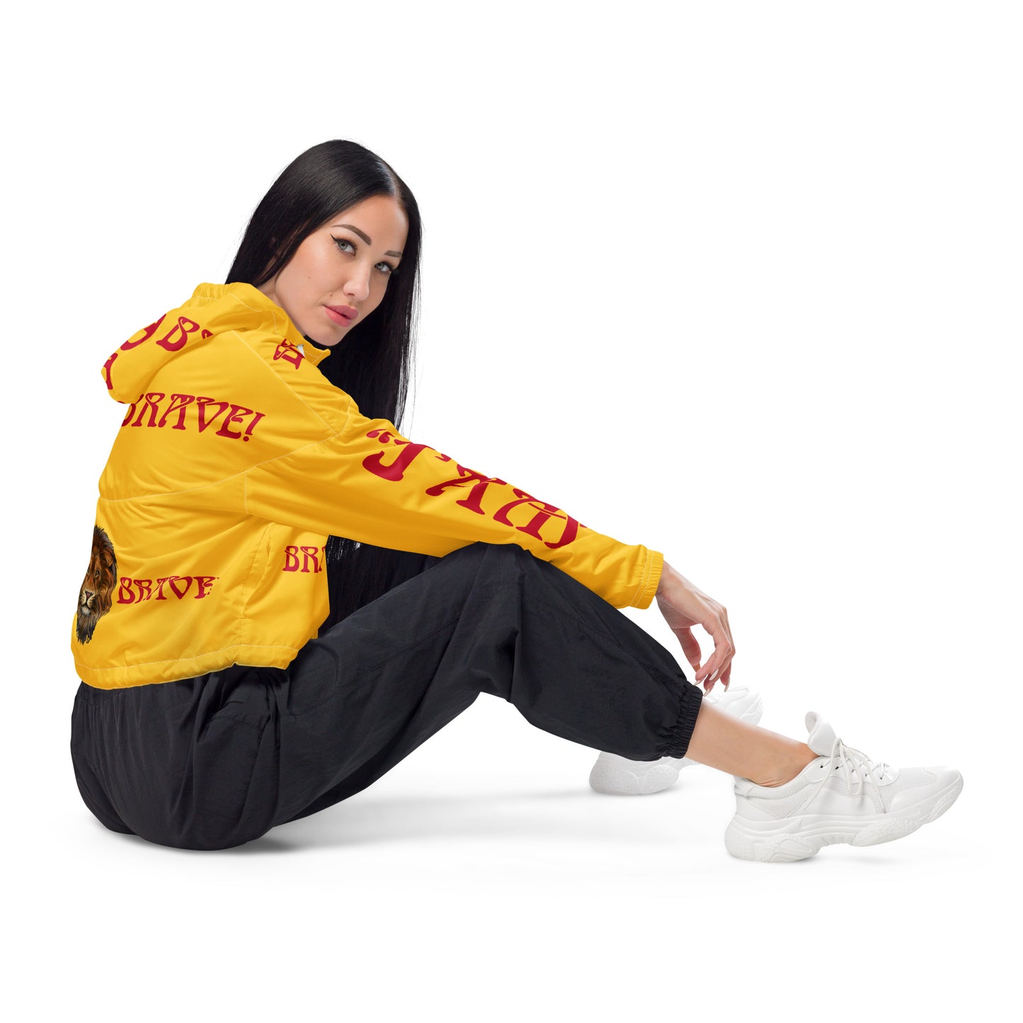 “BRAVE!”Yellow Women’s Cropped Windbreaker W/Red Font