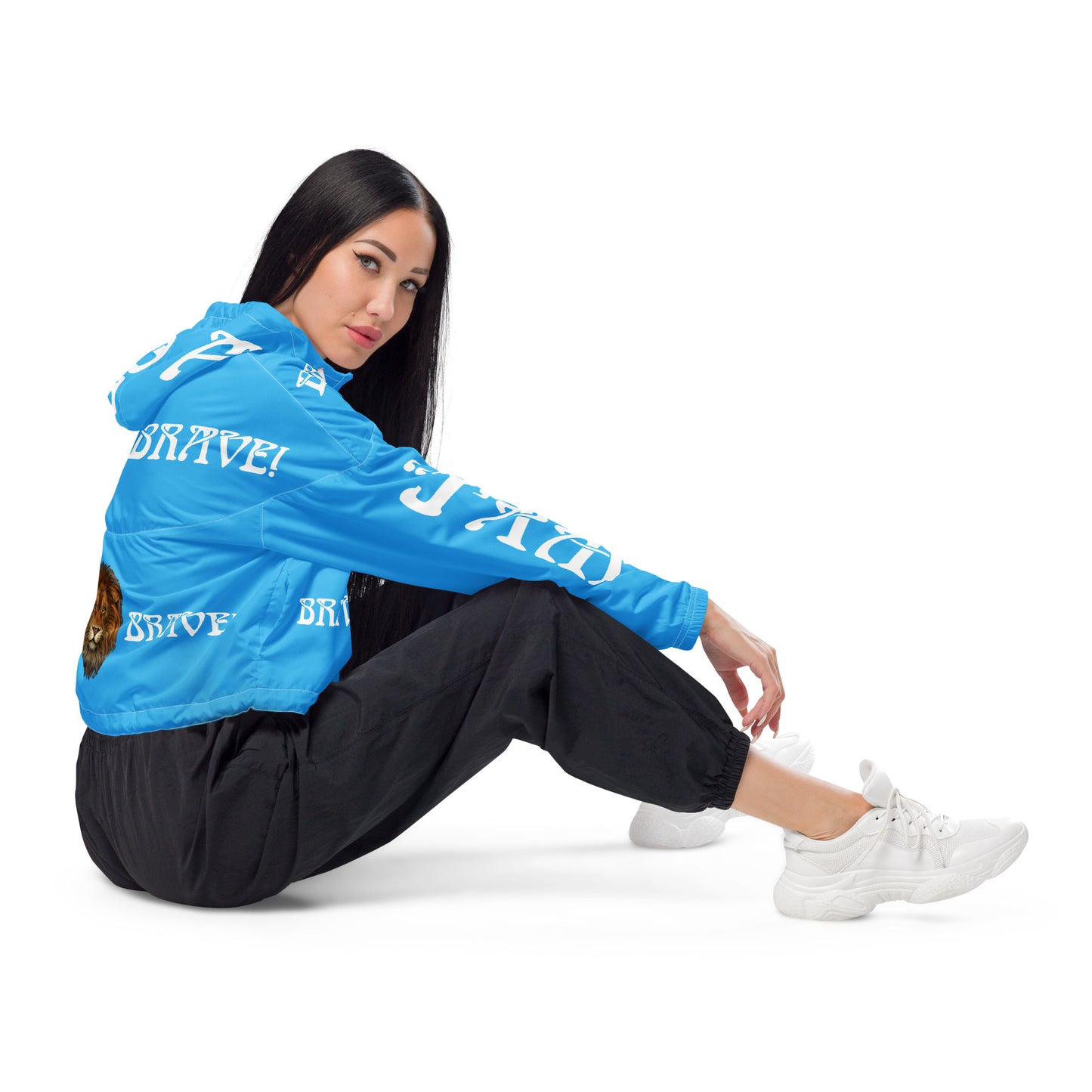 “BRAVE!”SkyBlue Women’s Cropped Windbreaker W/White Font