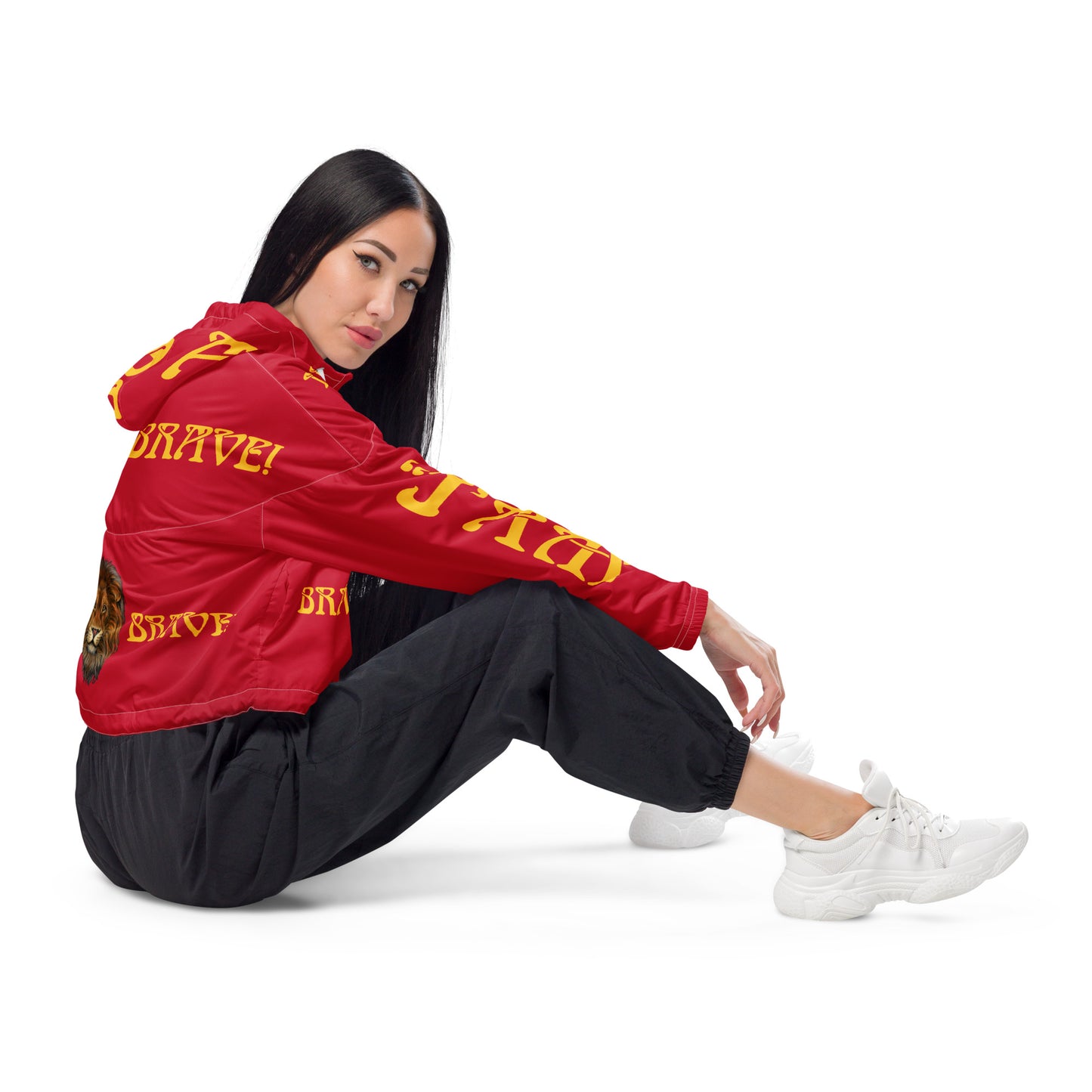 “BRAVE!”Red Women’s Cropped Windbreaker W/Yellow Font
