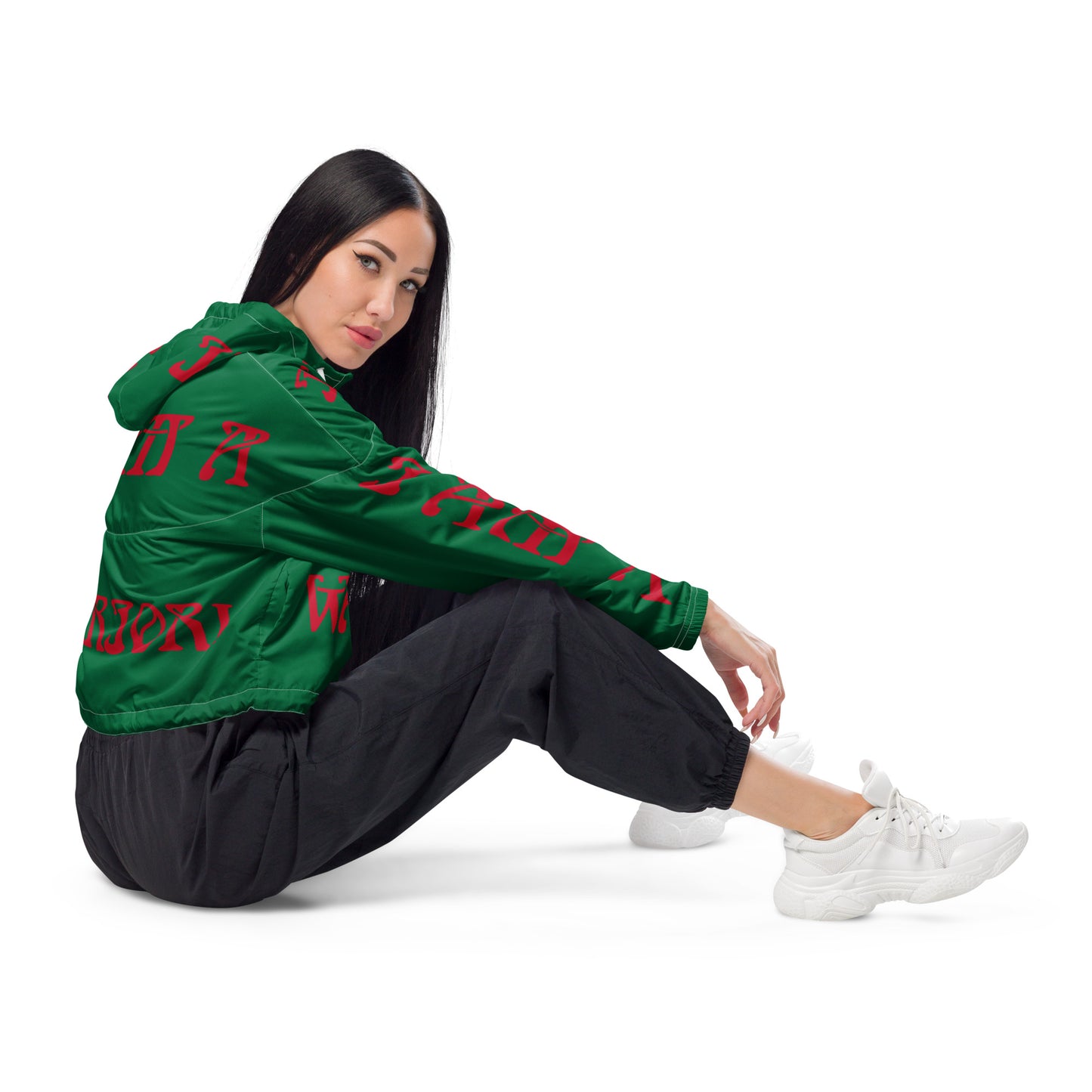 “I’AM A WARRIOR!” Green Women’s Cropped Windbreaker W/Red Font