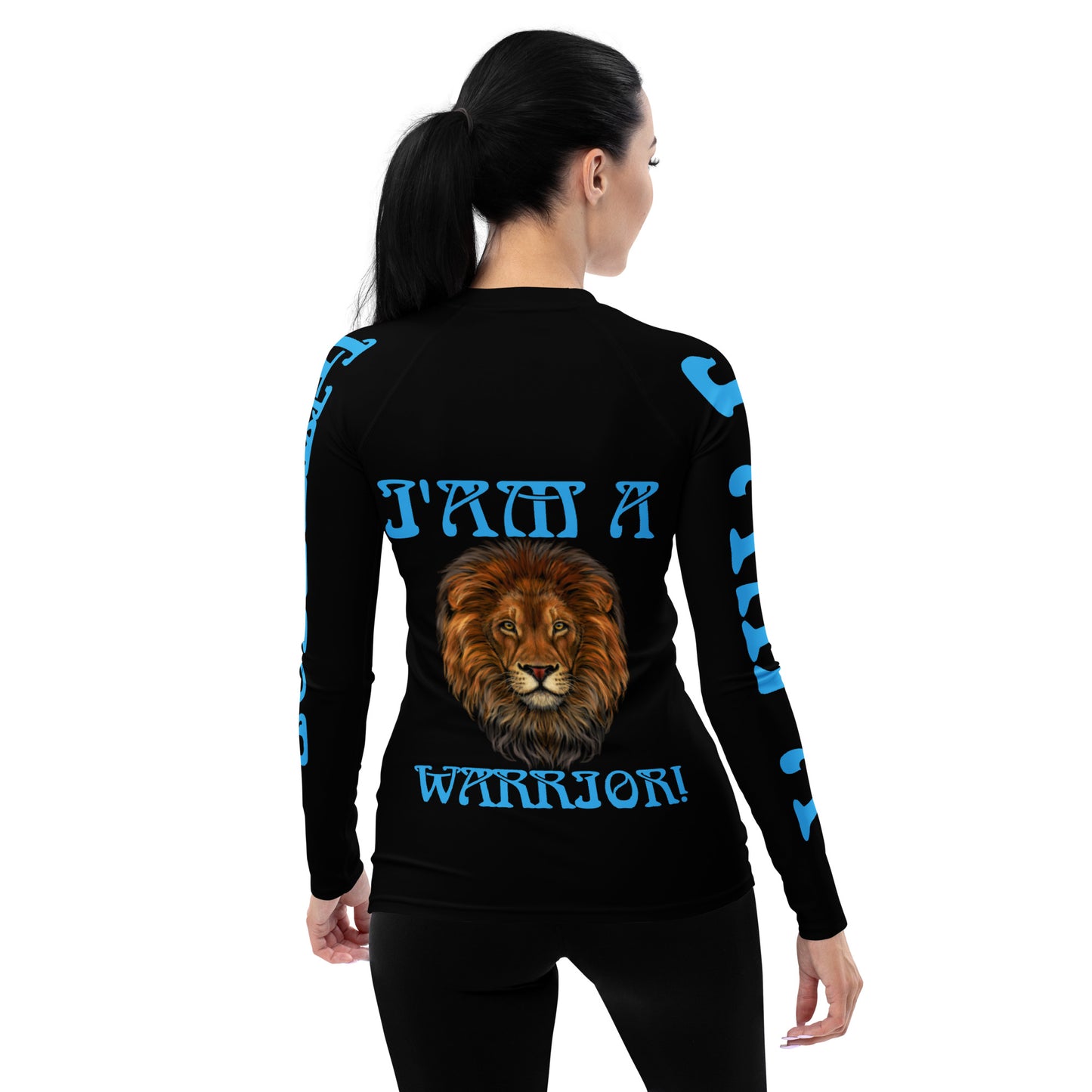 “I’AM A WARRIOR!” Black Women's Rash Guard W/SkyBlue Font
