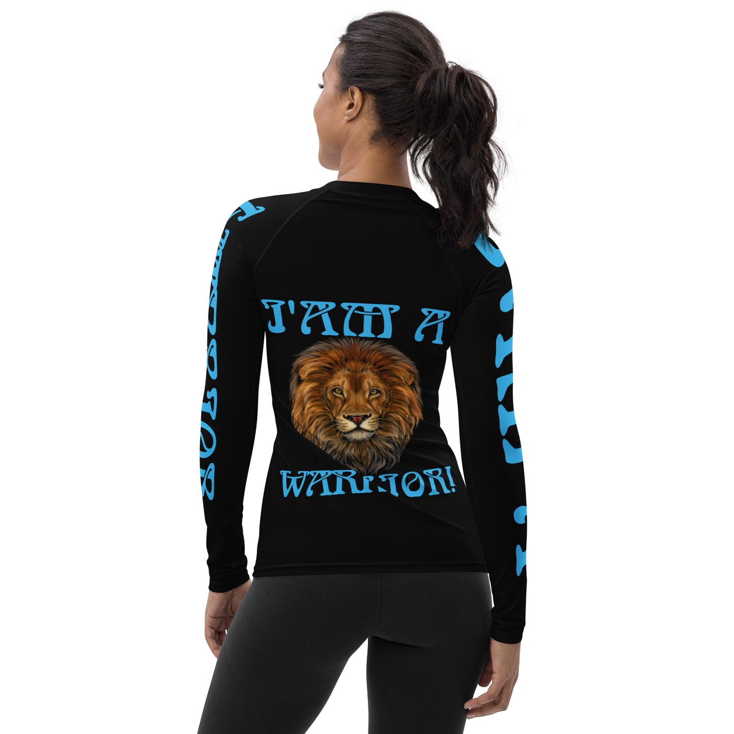 “I’AM A WARRIOR!” Black Women's Rash Guard W/SkyBlue Font