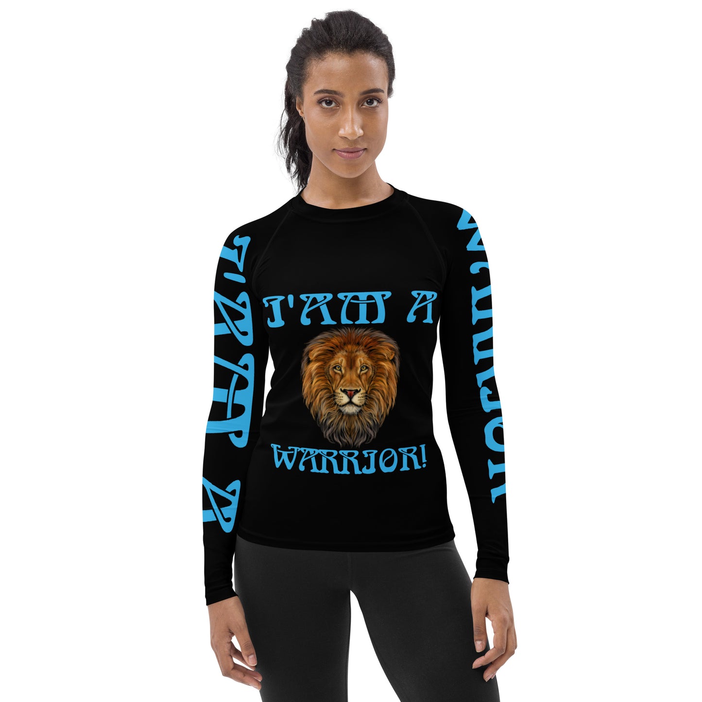 “I’AM A WARRIOR!” Black Women's Rash Guard W/SkyBlue Font